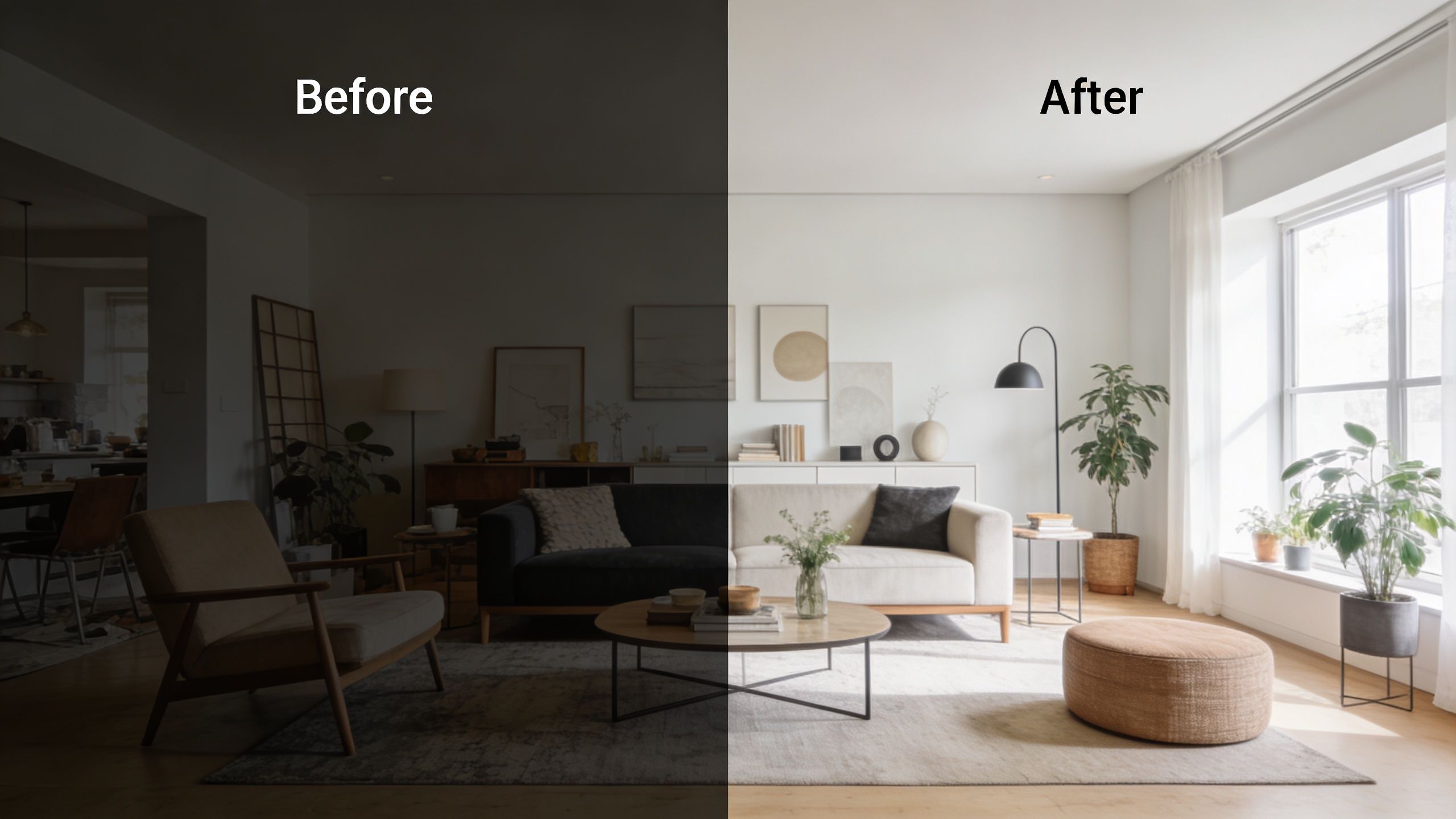 A split-screen comparison showing a dark living room before and a bright, well-lit renovated living space after.