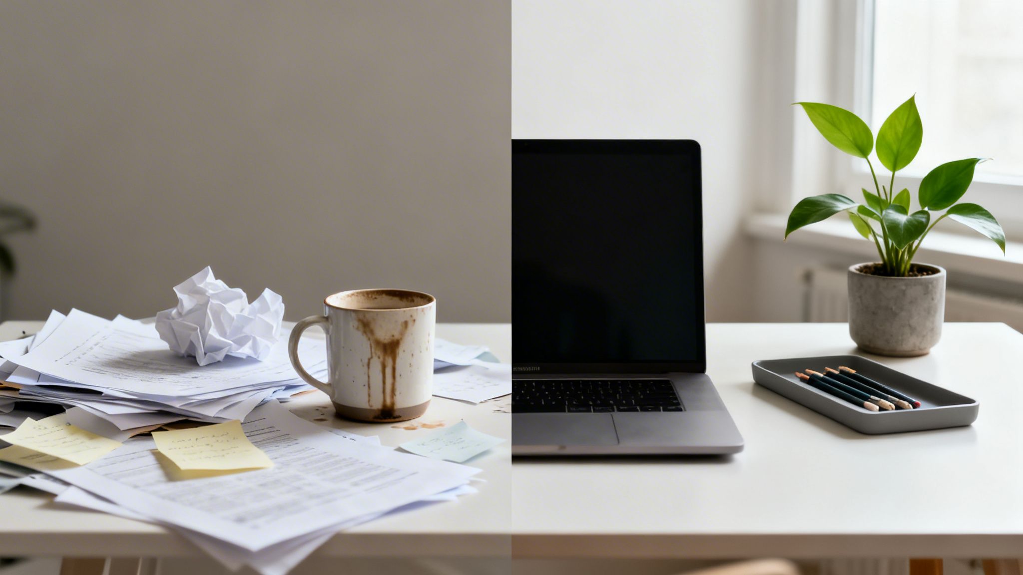 A split image shows a messy desk with papers and a stained mug contrasted with a clean desk featuring a laptop and plant.