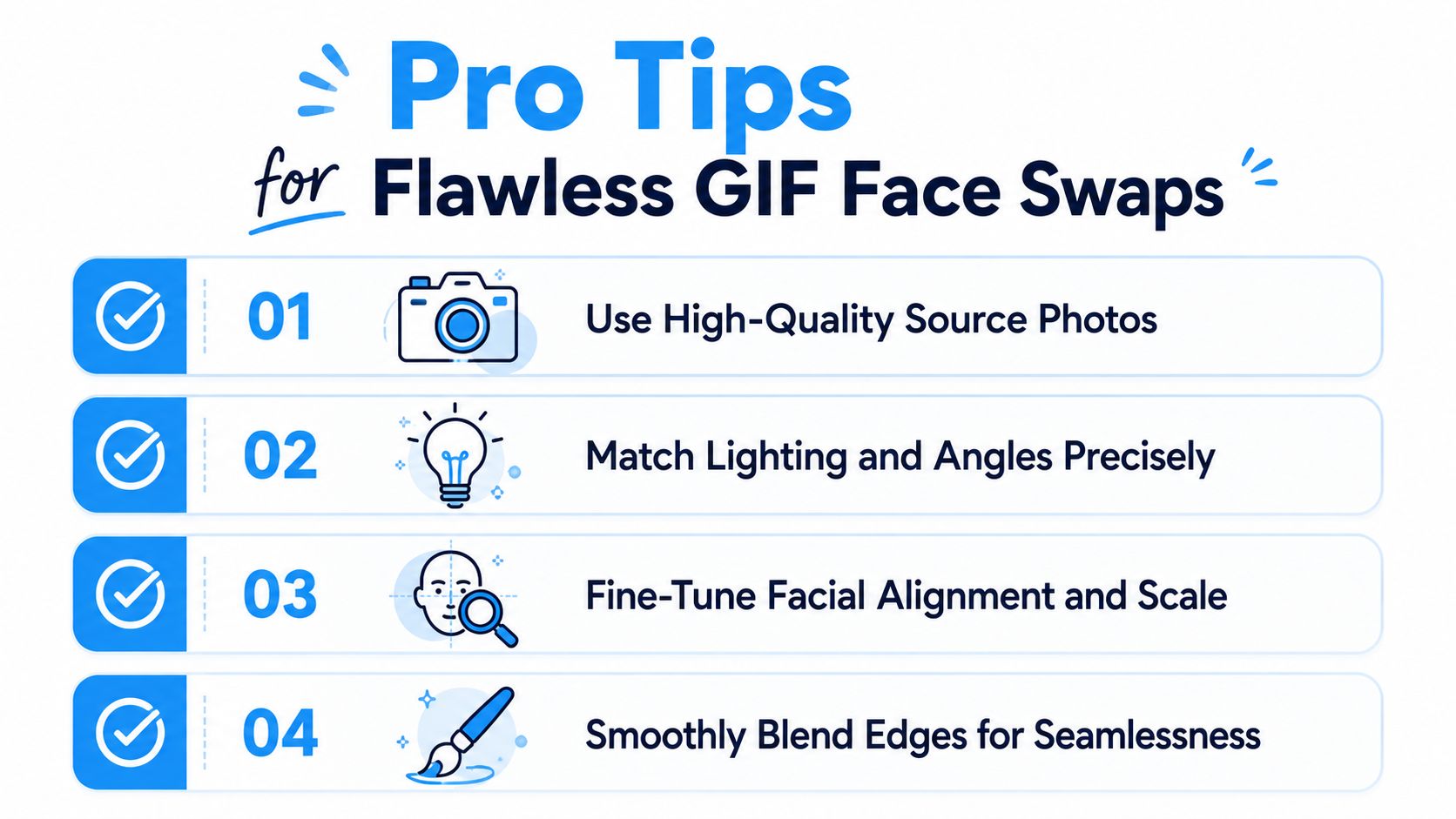 An infographic titled Pro Tips for Flawless GIF Face Swaps featuring four numbered steps for improving edits.
