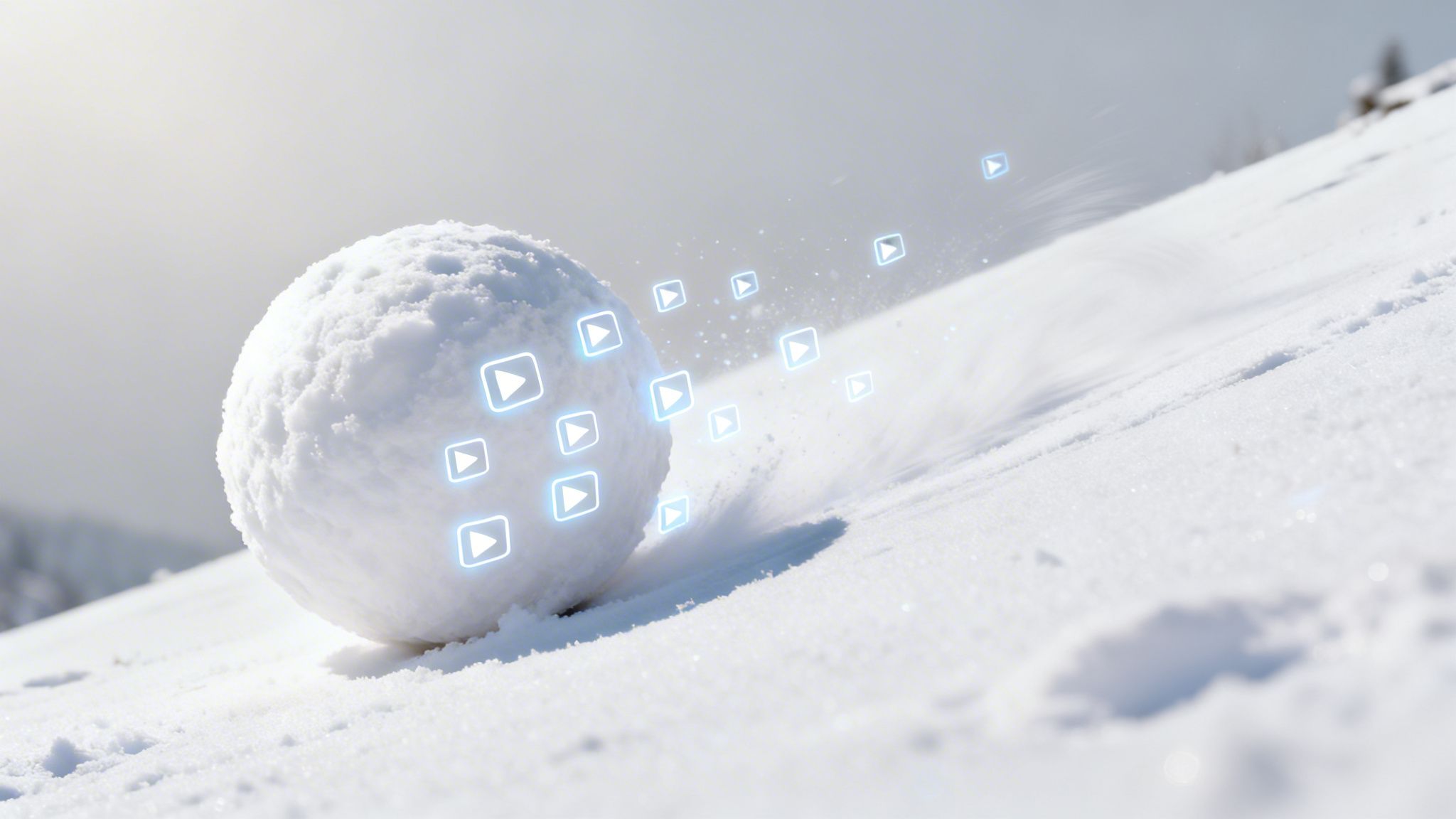 A large snowball rolls down a snowy hill, emitting glowing blue play buttons, symbolizing viral content.