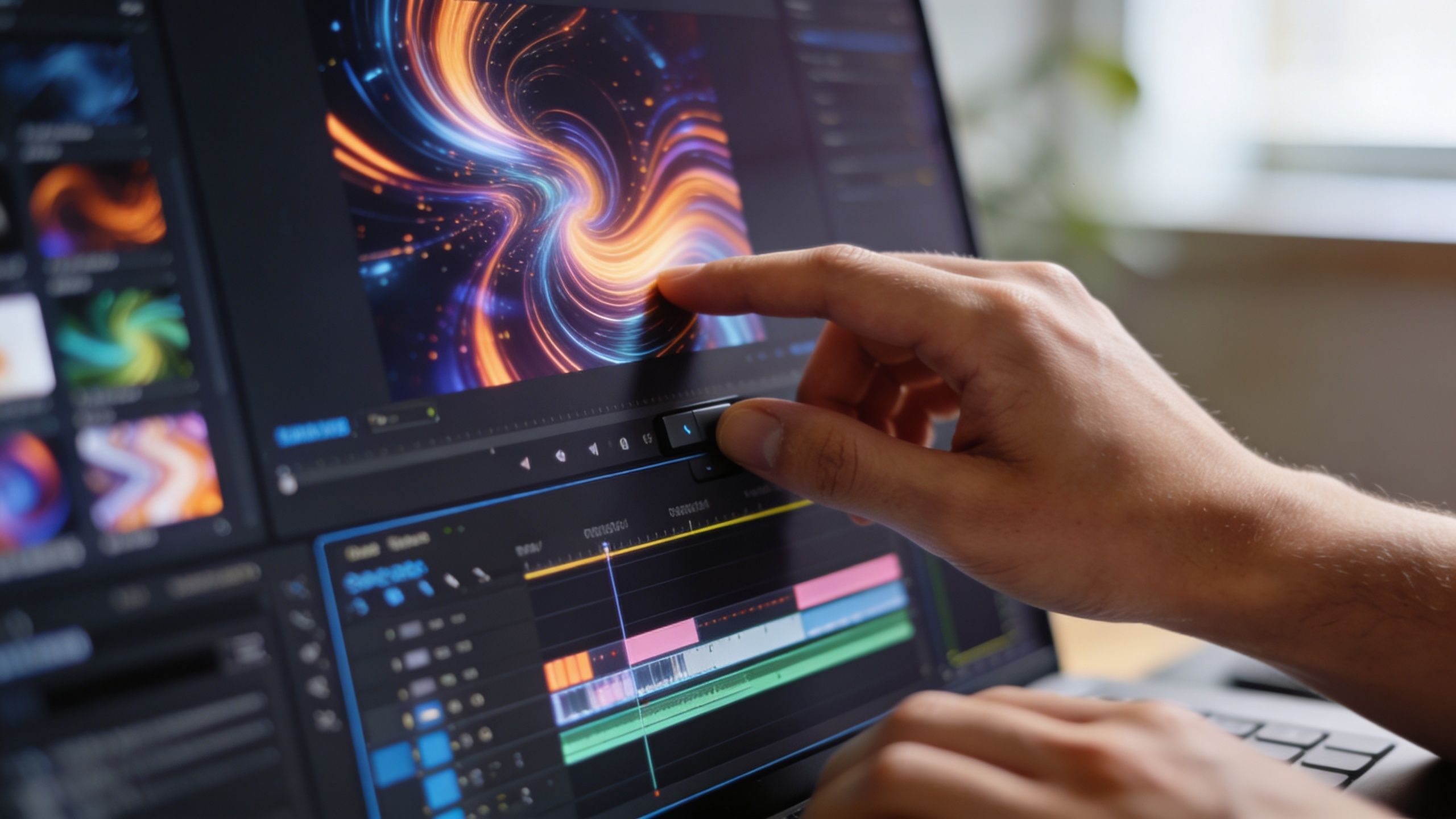 A creative professional editing digital video footage with colorful swirling light effects on a laptop computer screen.