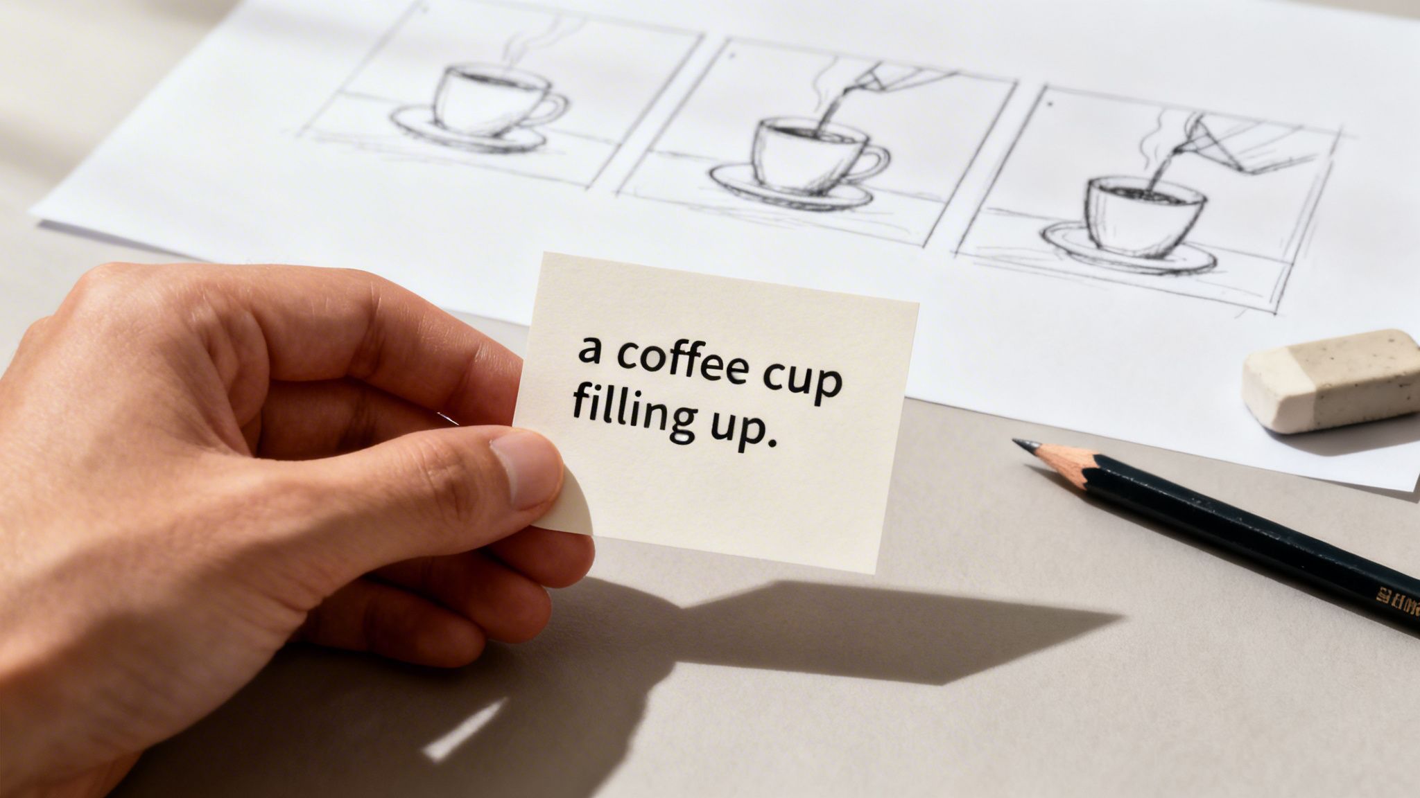A hand holds a note saying "a coffee cup filling up" over a storyboard showing coffee being poured.