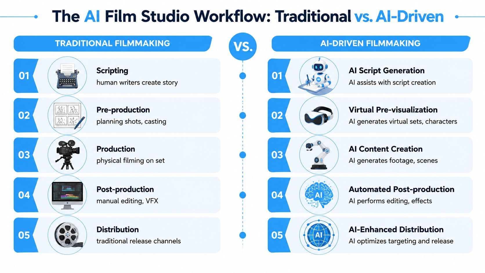 A comparison chart showing the steps of traditional filmmaking versus an AI-driven film production workflow.