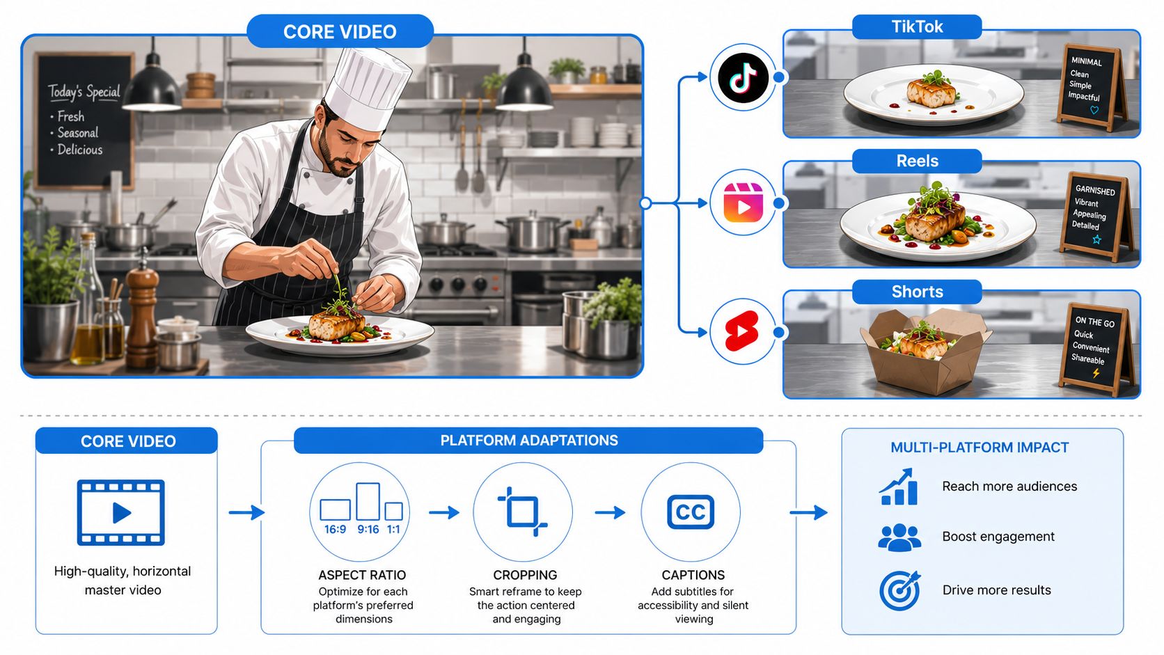 A diagram illustrating how a single core video is repurposed for different social media platforms like TikTok, Reels, and Shorts.