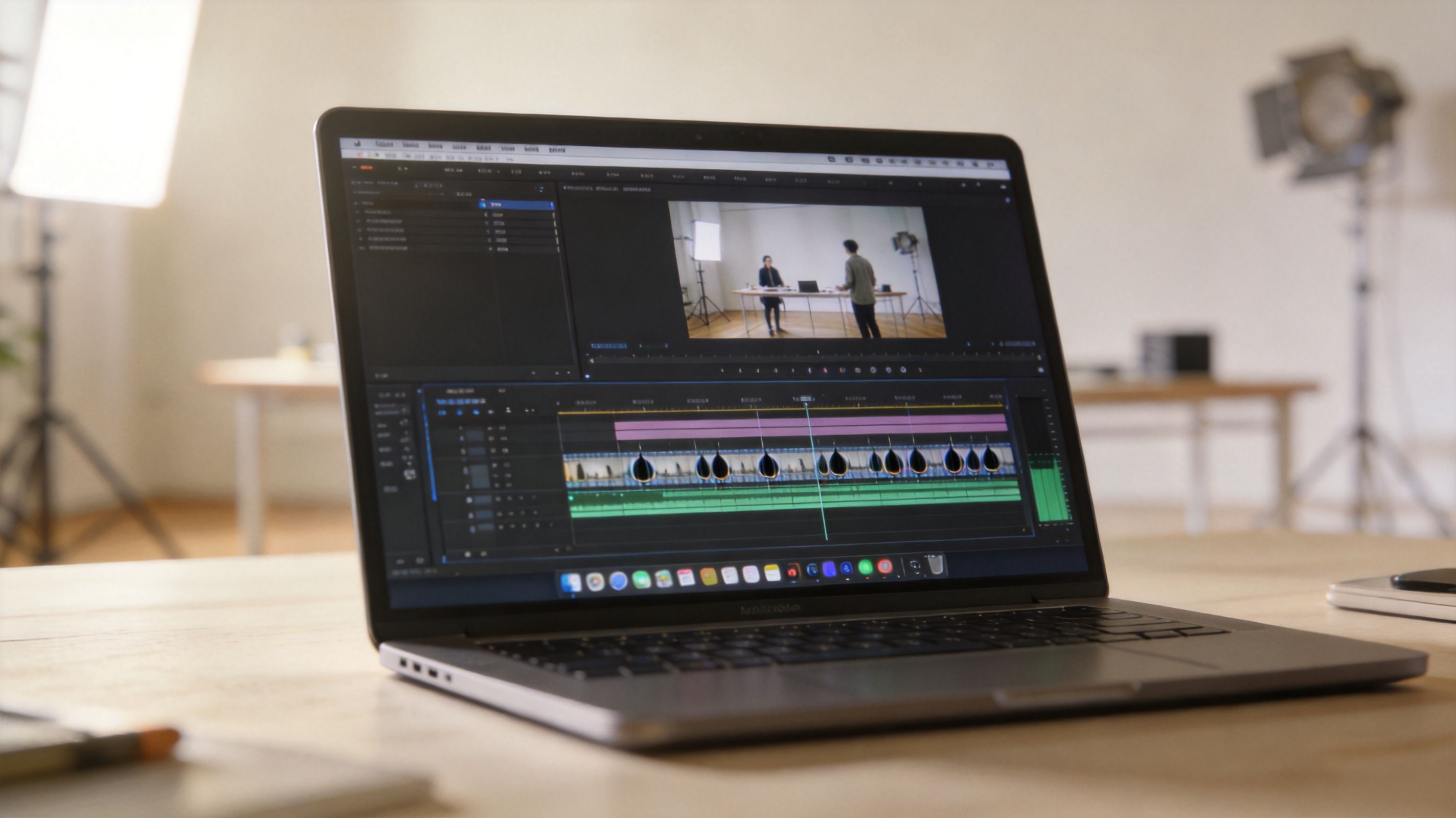 A modern laptop on a wooden desk displaying video editing software in a bright studio environment.