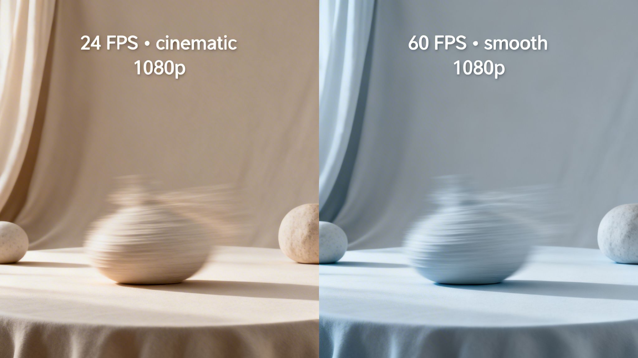Split image comparing 24 FPS cinematic 1080p and 60 FPS smooth 1080p video, showing motion blur effects.