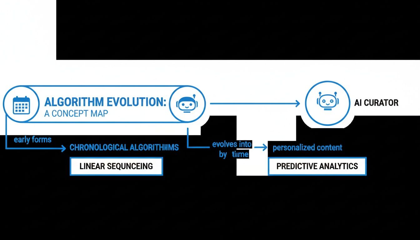 A concept map illustrates algorithm evolution from chronological to predictive analytics and AI curation.