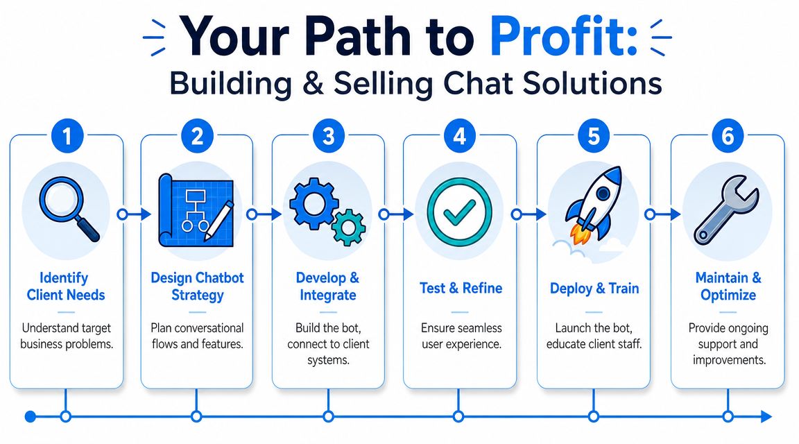A six-step business infographic titled Your Path to Profit describing the process of building and selling chatbots.