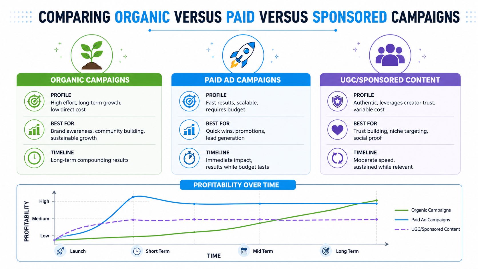 A comparison chart showing the differences between organic, paid, and sponsored marketing campaigns regarding profitability and timeline.