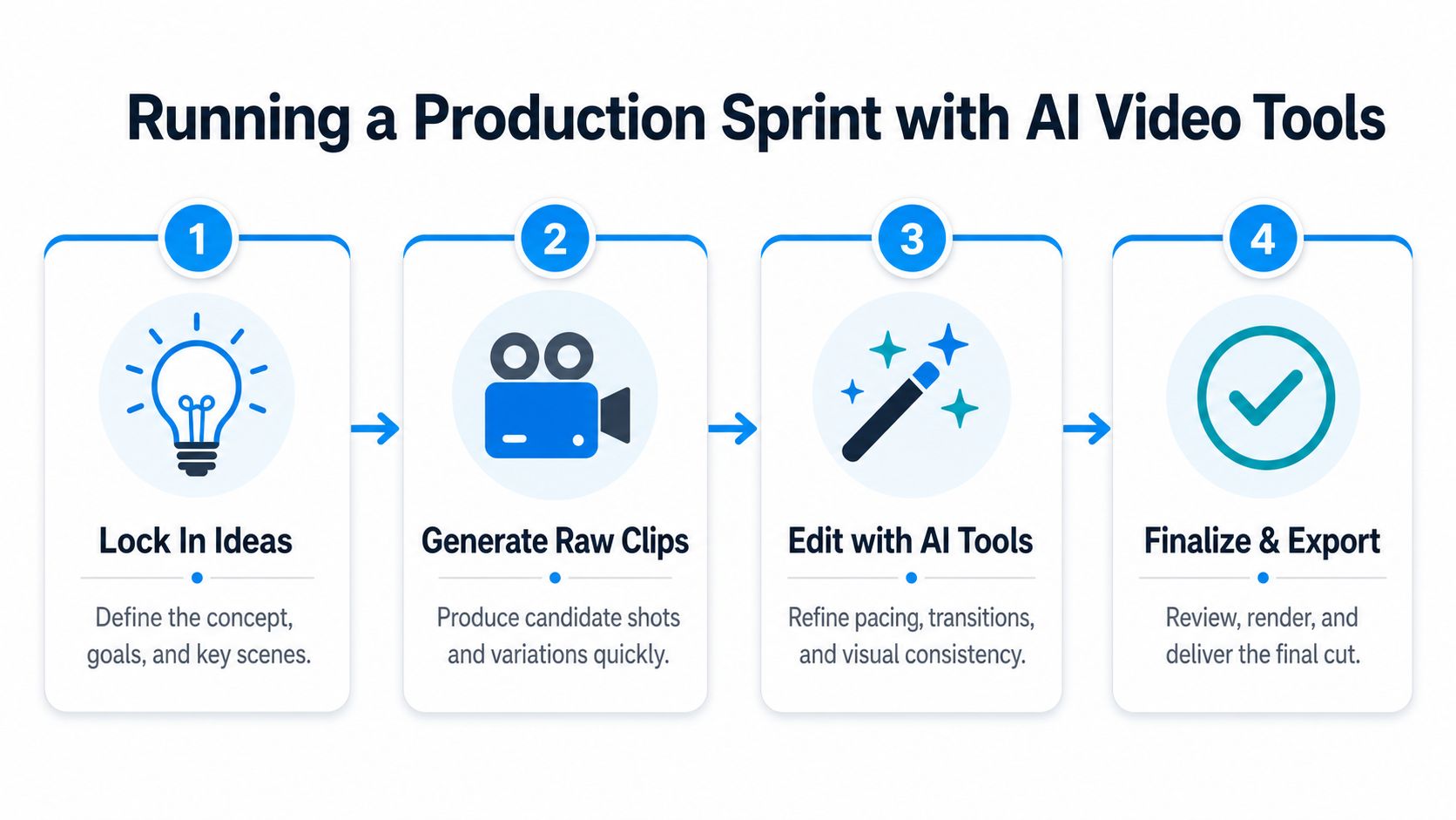 A four-step infographic illustrating the workflow for running a production sprint with AI video tools.