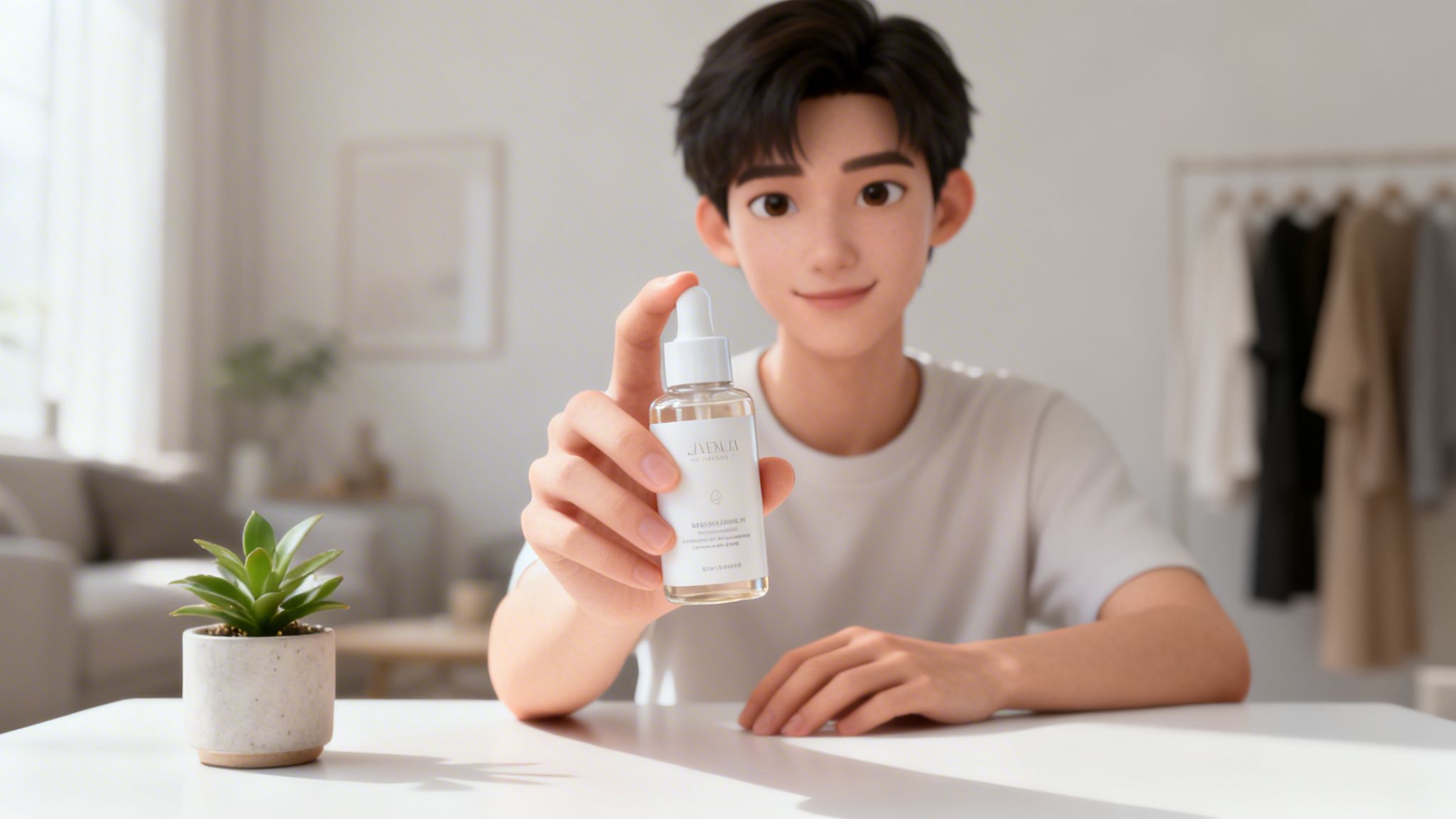 Smiling 3D animated man presenting a JADUEY skincare serum bottle with a dropper.