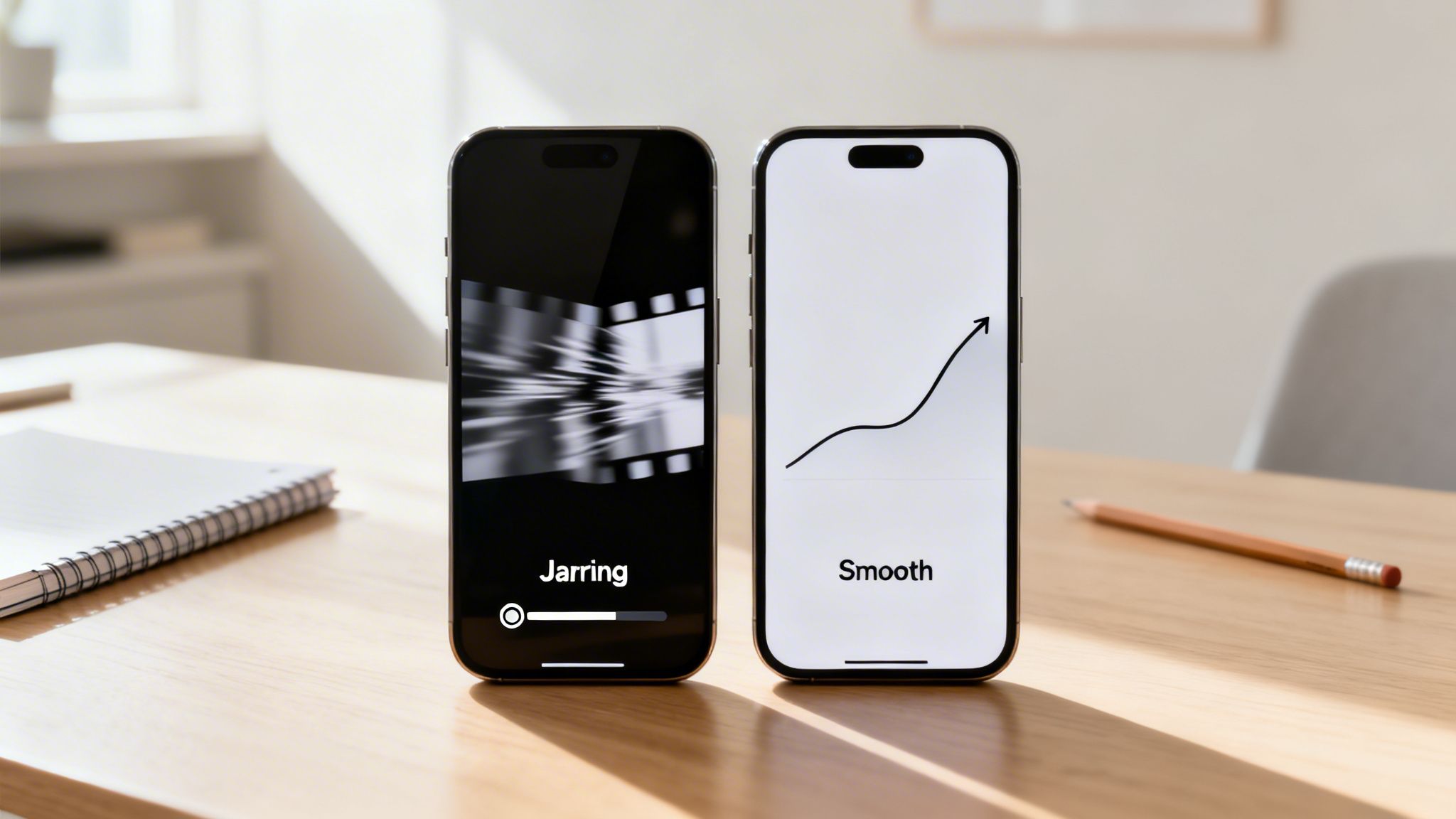 Two smartphones on a desk displaying jarring and smooth video concepts side-by-side.