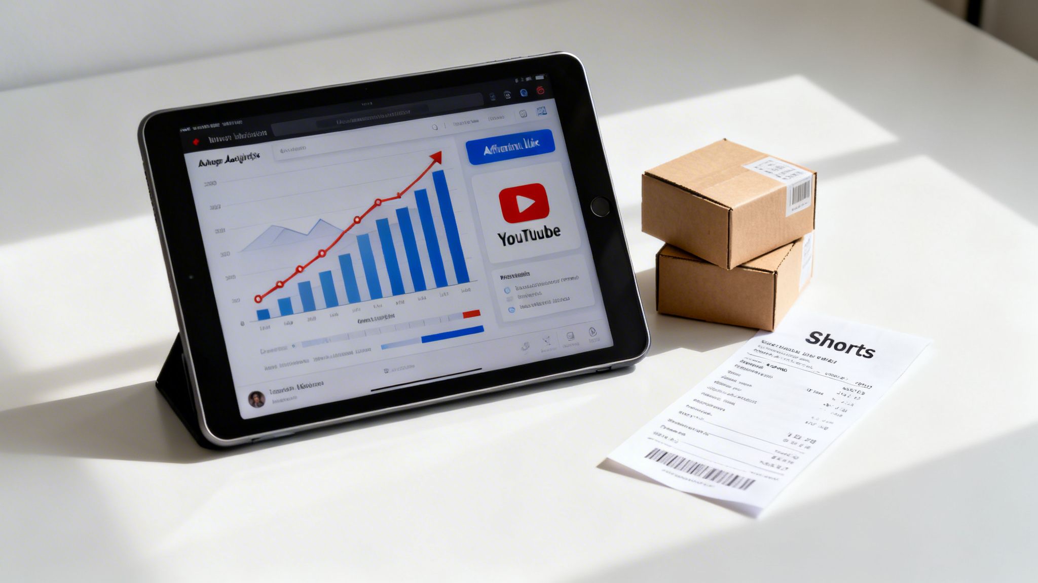 An iPad displays YouTube analytics with a growing graph, next to small boxes and a receipt for Shorts content.