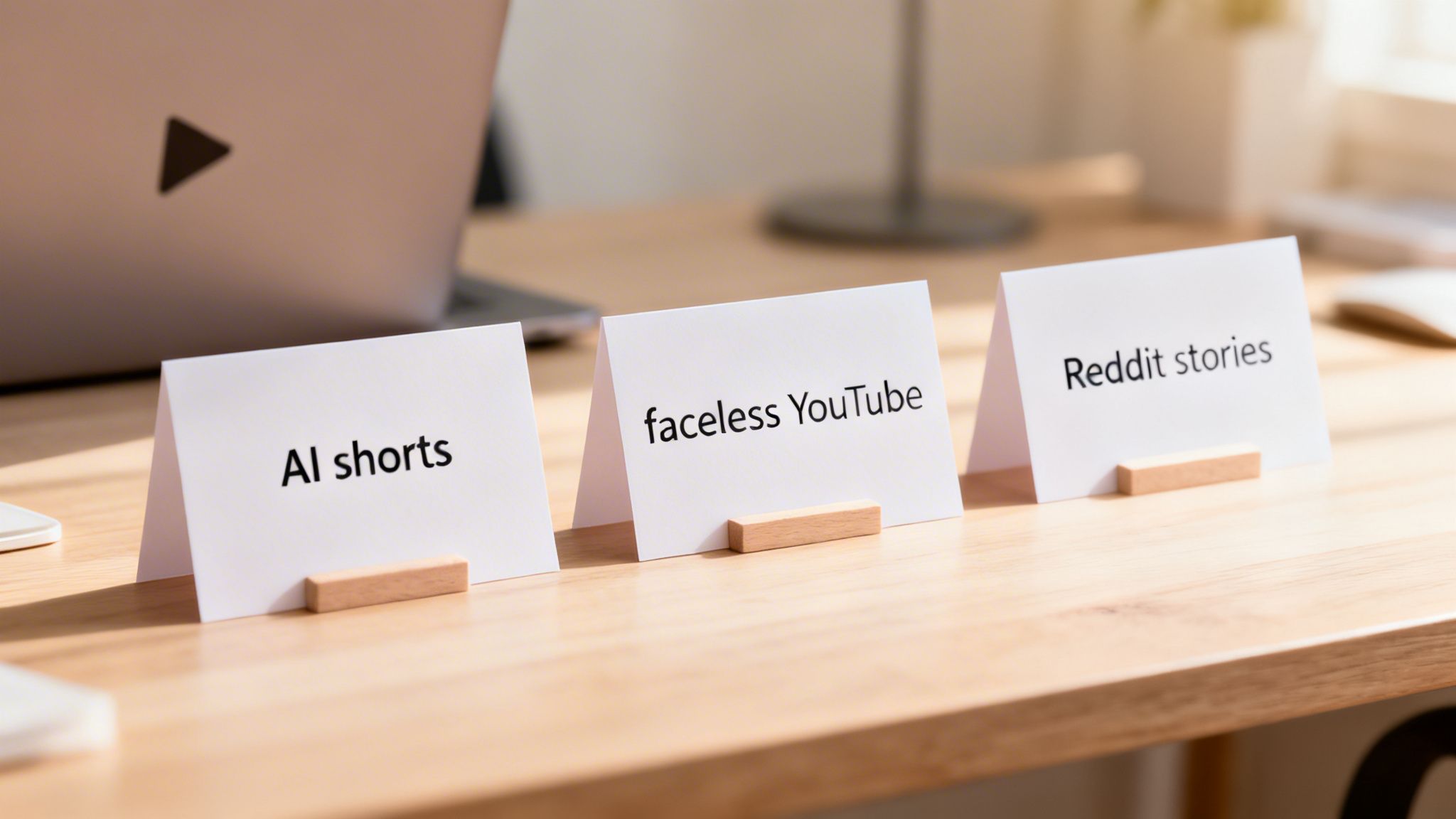 Three white cards on a wooden desk displaying 'AI shorts', 'faceless YouTube', and 'Reddit stories', with a laptop in the background.