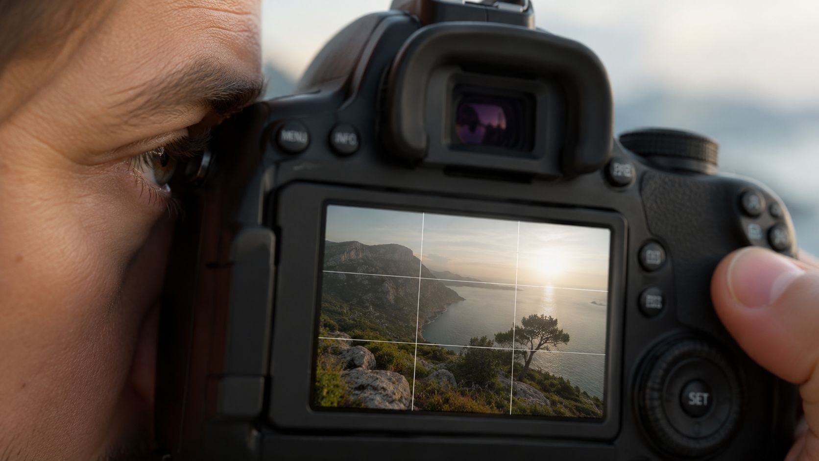 A close-up view of a photographer looking through a digital camera viewfinder at a scenic sunset landscape.