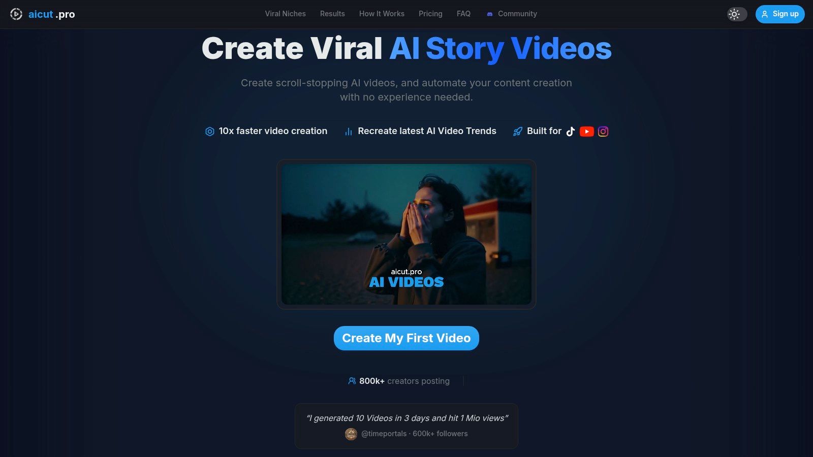 Aicut platform interface showing video generation options for social media