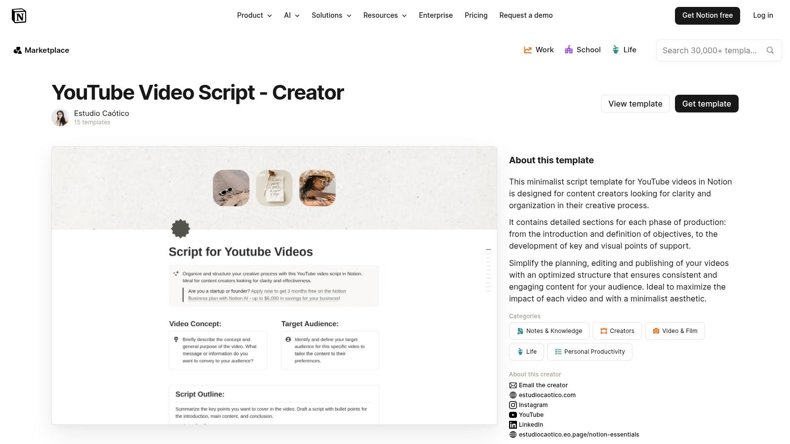 Notion – YouTube Video Script – Creator Template