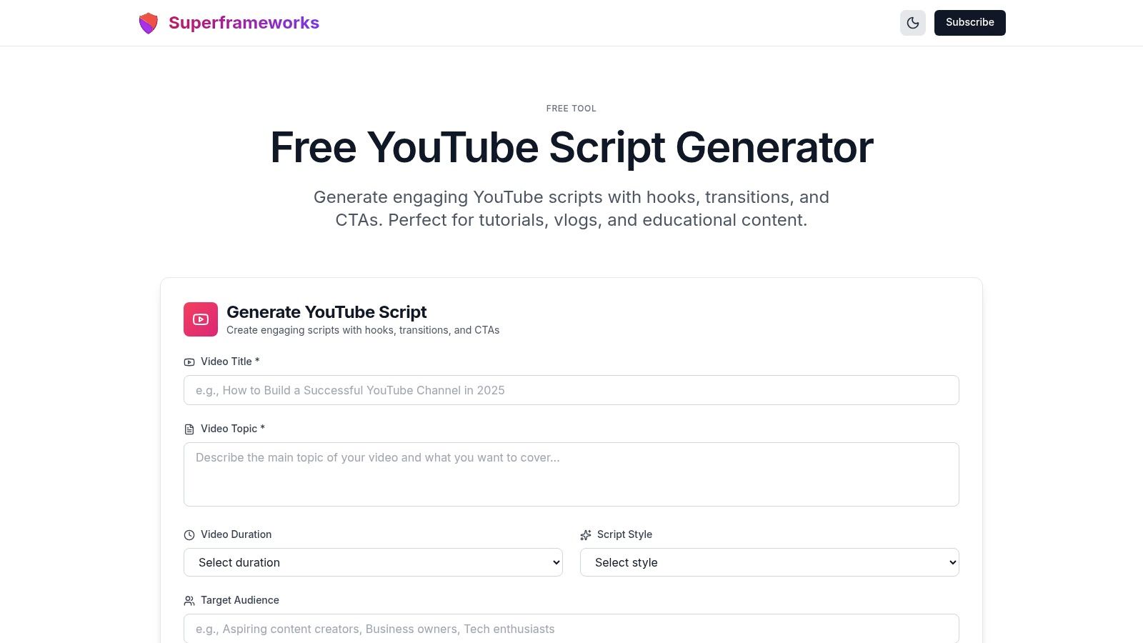 Superframeworks – Free YouTube Script Generator
