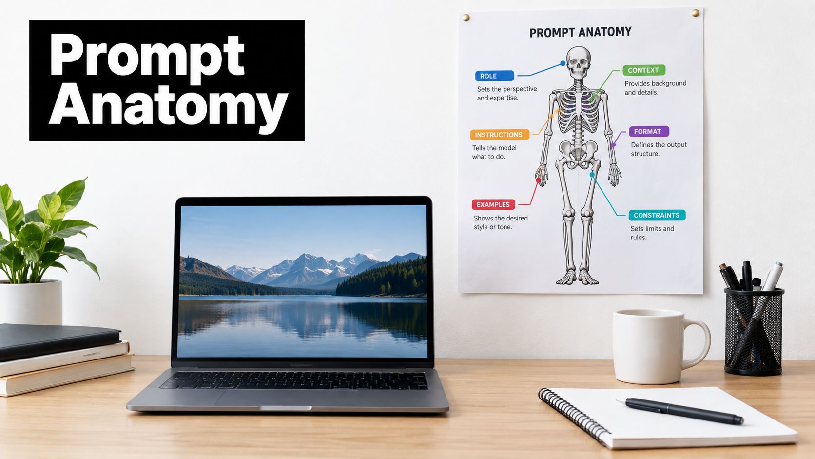 A modern desk workspace featuring a laptop, a notebook, and a skeletal diagram labeled as prompt anatomy.