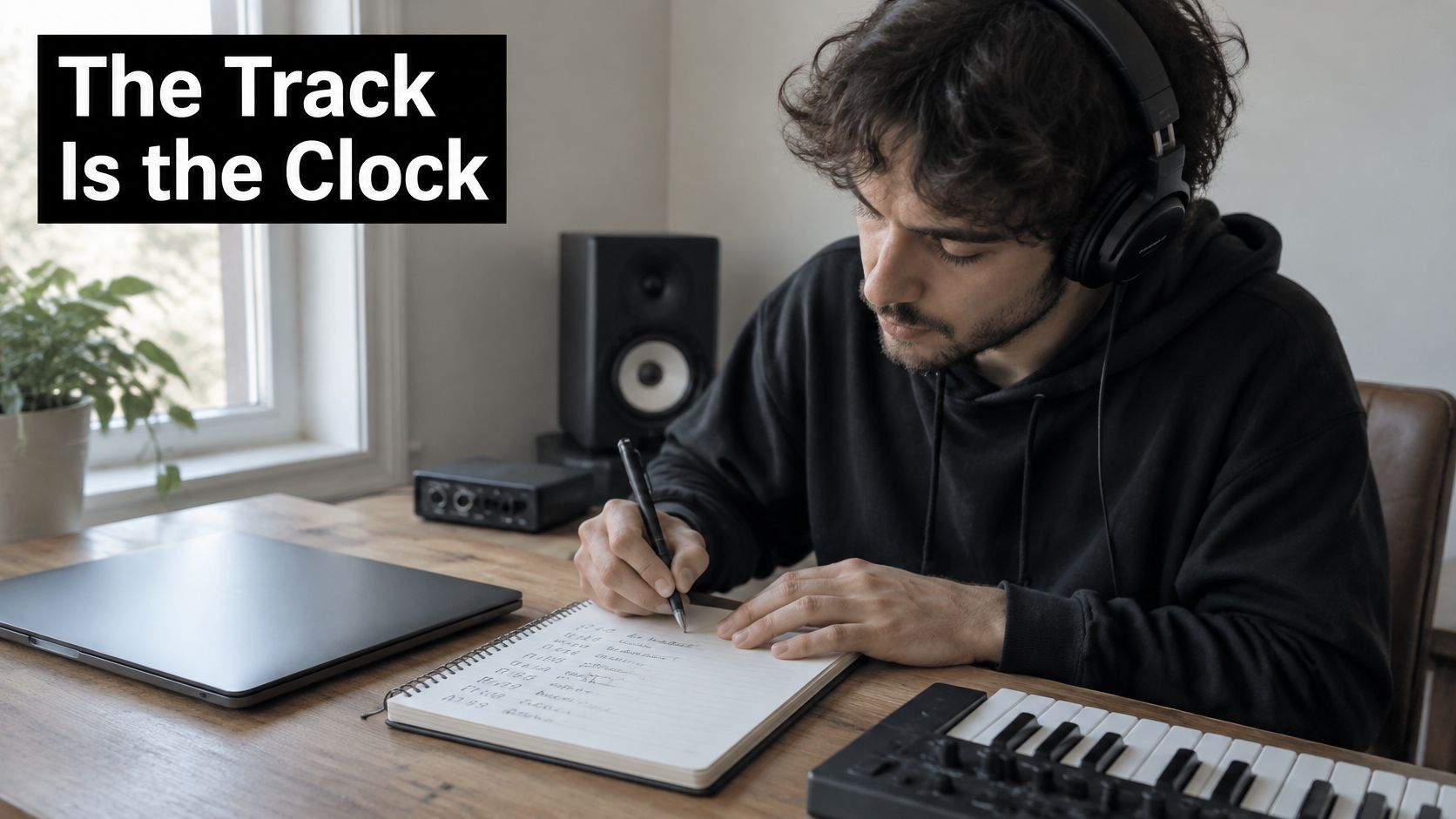 A young man wearing headphones writing in a notebook while sitting at his home music studio workstation.