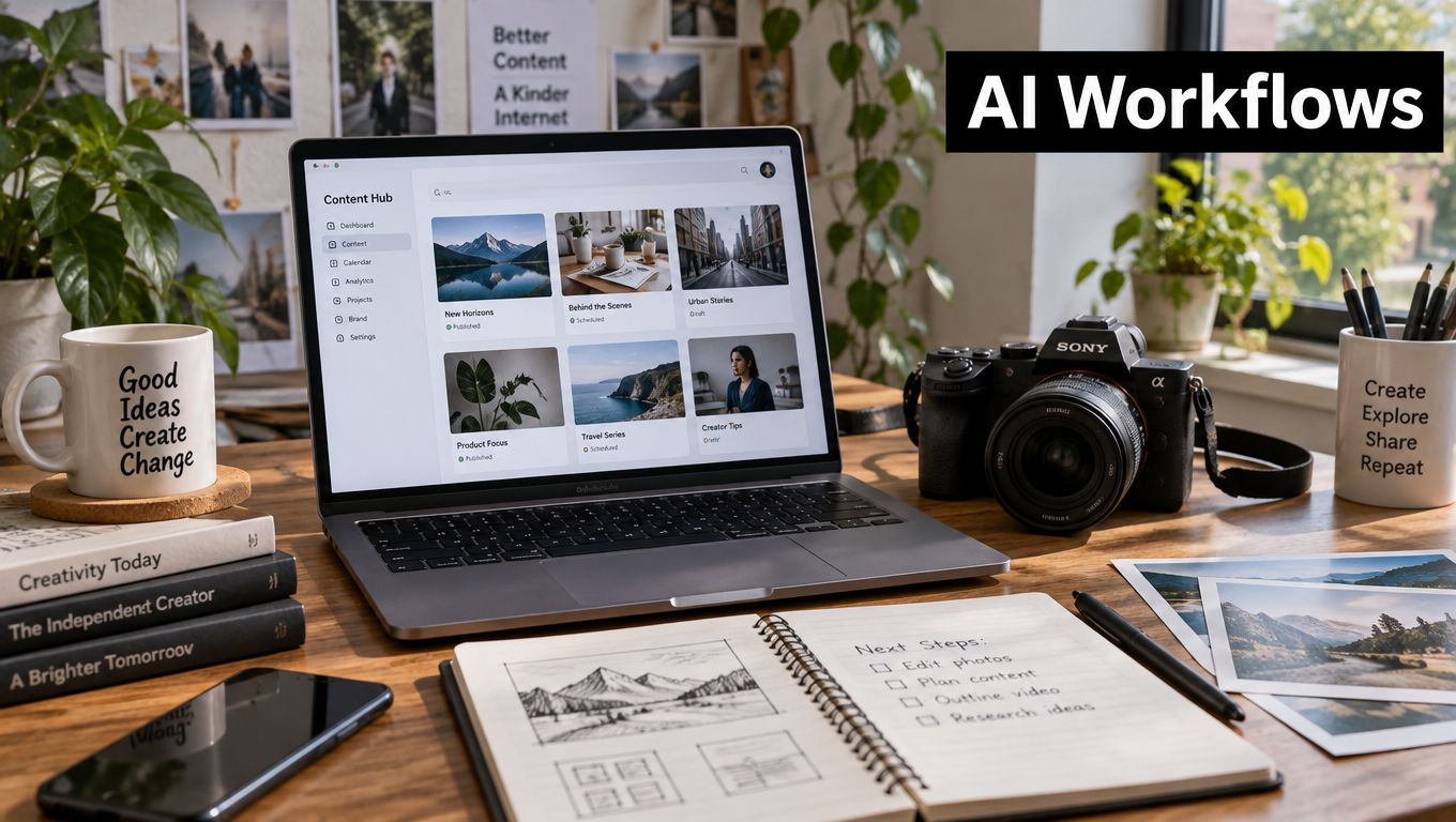 A modern creative workspace featuring a laptop showing a content dashboard, a camera, and a project notebook.