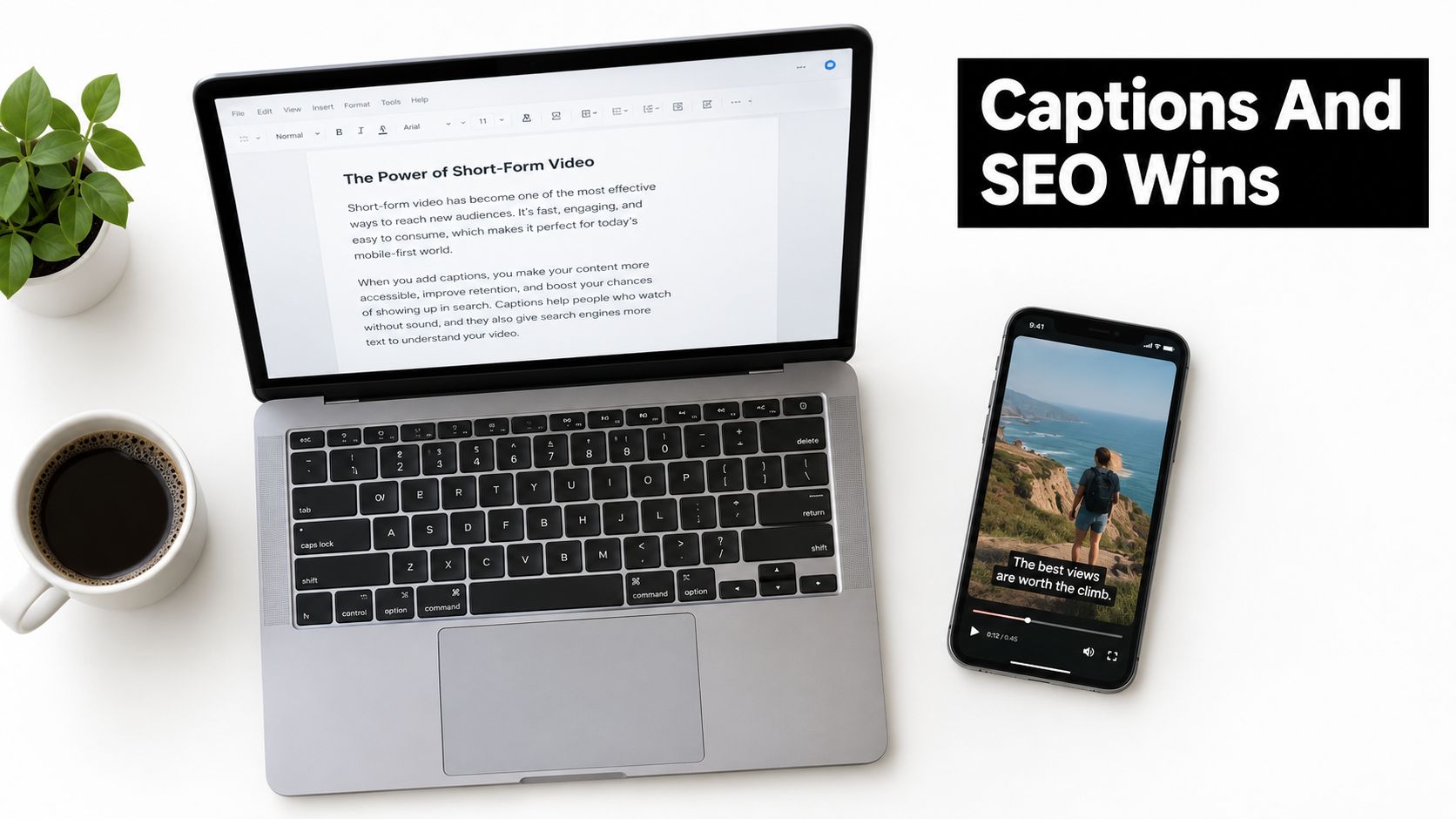 A top-down view of a workspace featuring a laptop displaying text about video captions, a coffee cup, and a smartphone showing a captioned video.