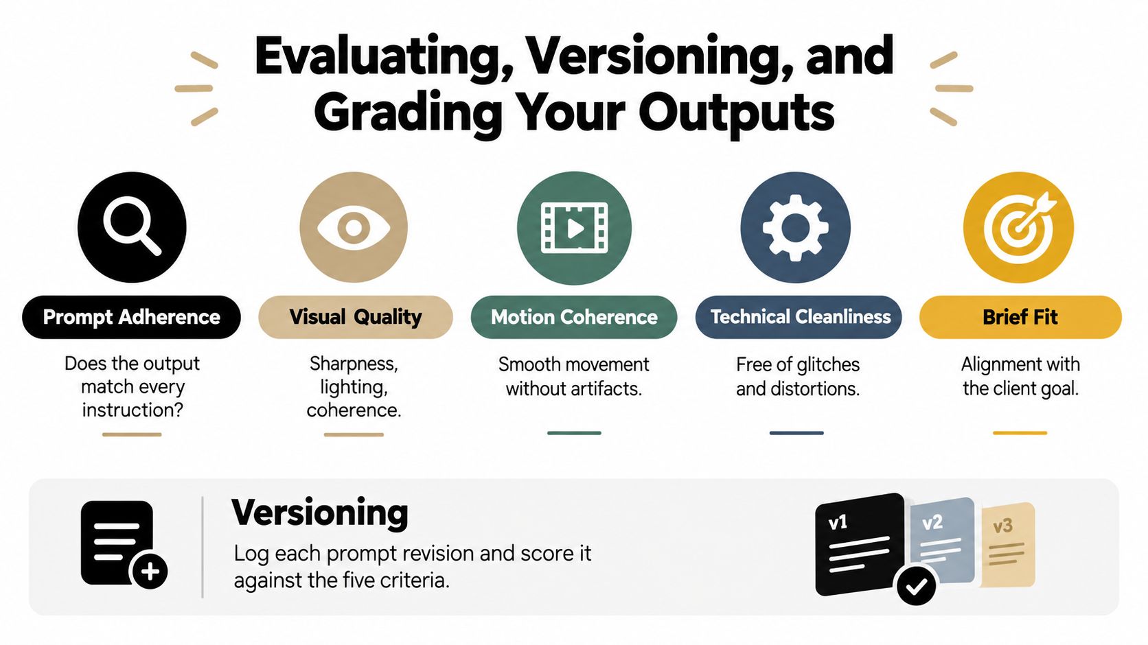 A guide illustrating five criteria for evaluating and grading AI outputs, including prompt adherence and versioning.