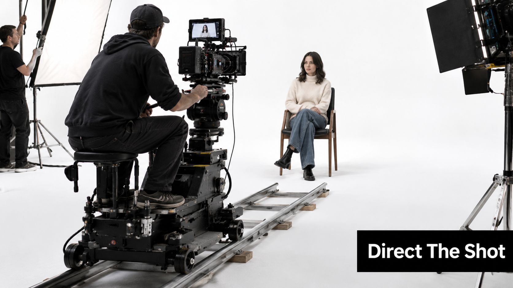 A professional film crew filming a young woman sitting on a chair in a bright studio