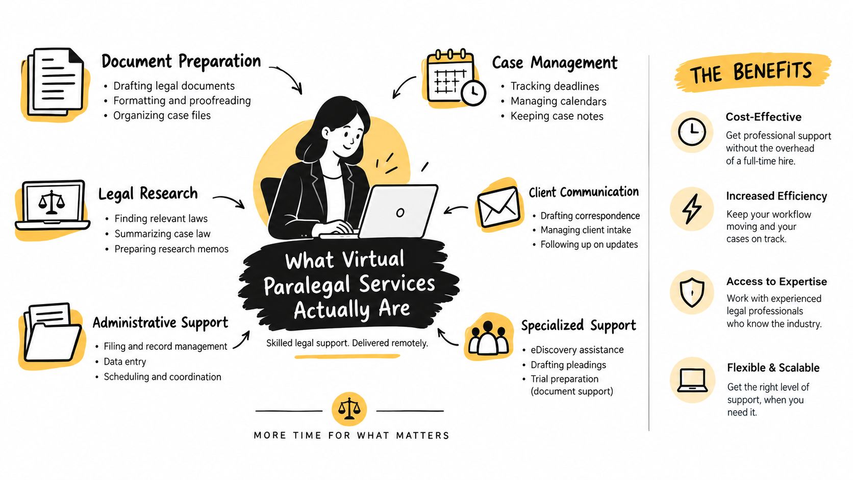 An infographic illustrating various tasks and benefits of using virtual paralegal services for legal firms.