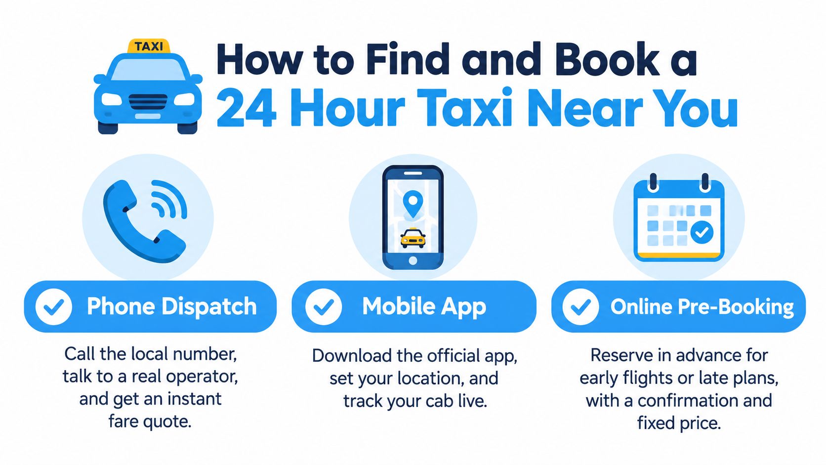 A visual guide outlining three easy methods to book a 24-hour taxi service via phone, app, or online.