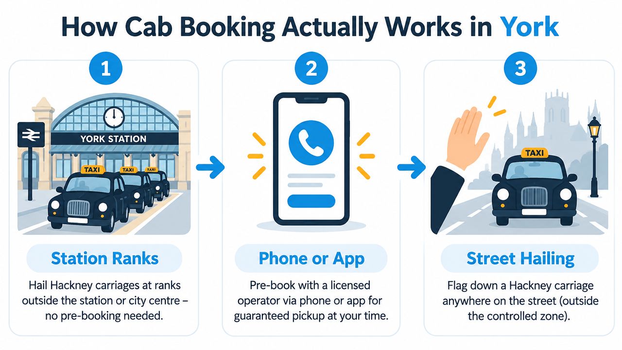 An infographic showing three ways to book a cab in York: station ranks, phone or app, and street hailing.