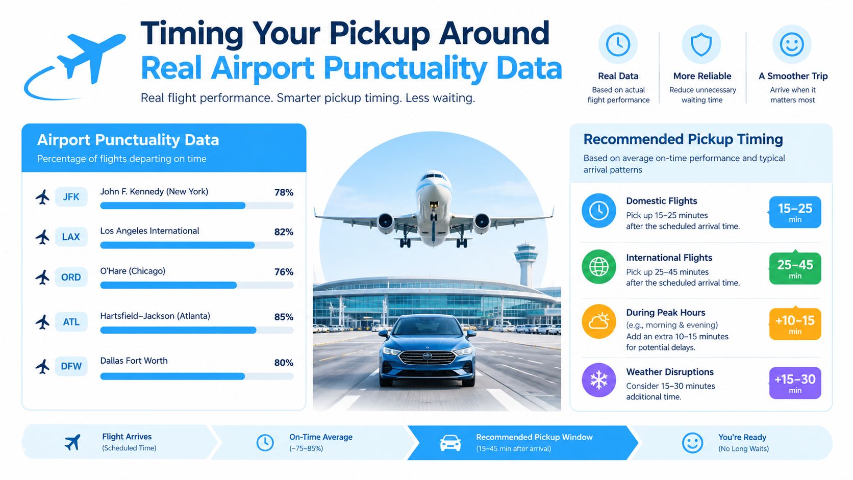 An infographic titled Timing Your Pickup Around Real Airport Punctuality Data for smart travel and planning.