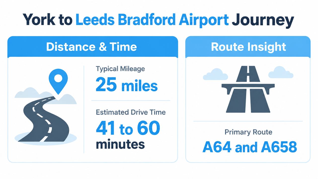 An infographic showing the distance of 25 miles and travel time of 41-60 minutes from York to Leeds Bradford Airport.
