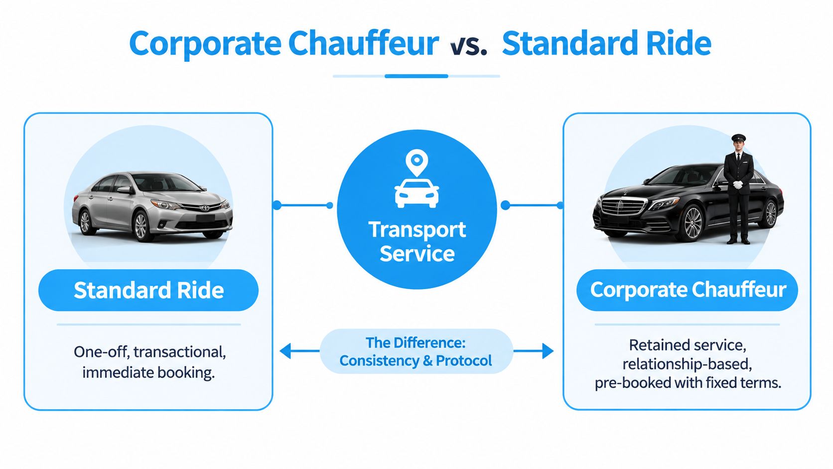 A comparison chart highlighting the differences between standard ride services and professional corporate chauffeur transportation services.