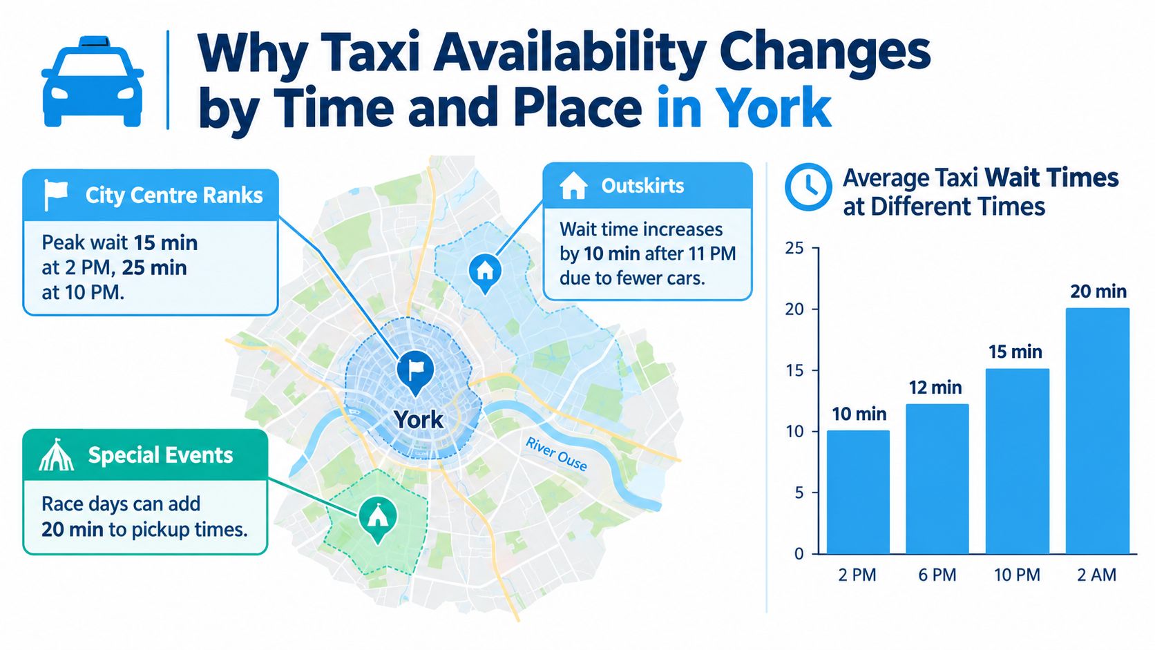 An infographic showing taxi wait time factors in York, including city center ranks, outskirts, and special events.