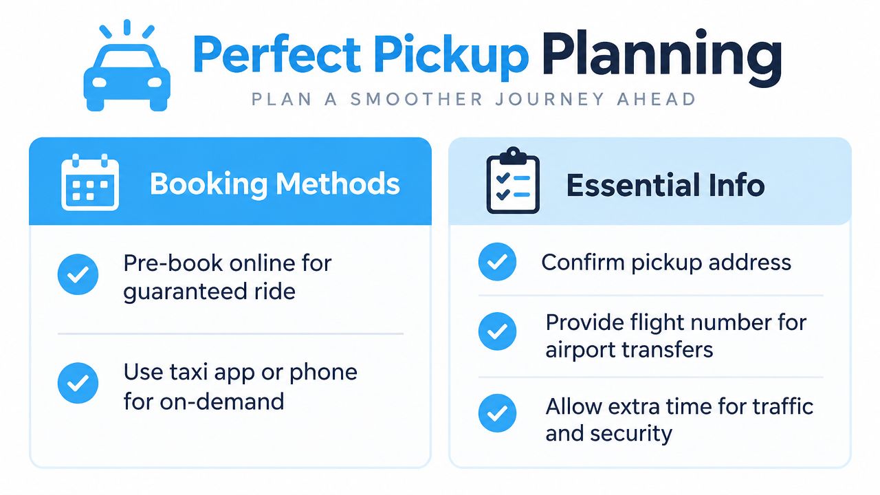 A graphic providing tips for Perfect Pickup Planning, including booking methods and essential information for airport transfers.