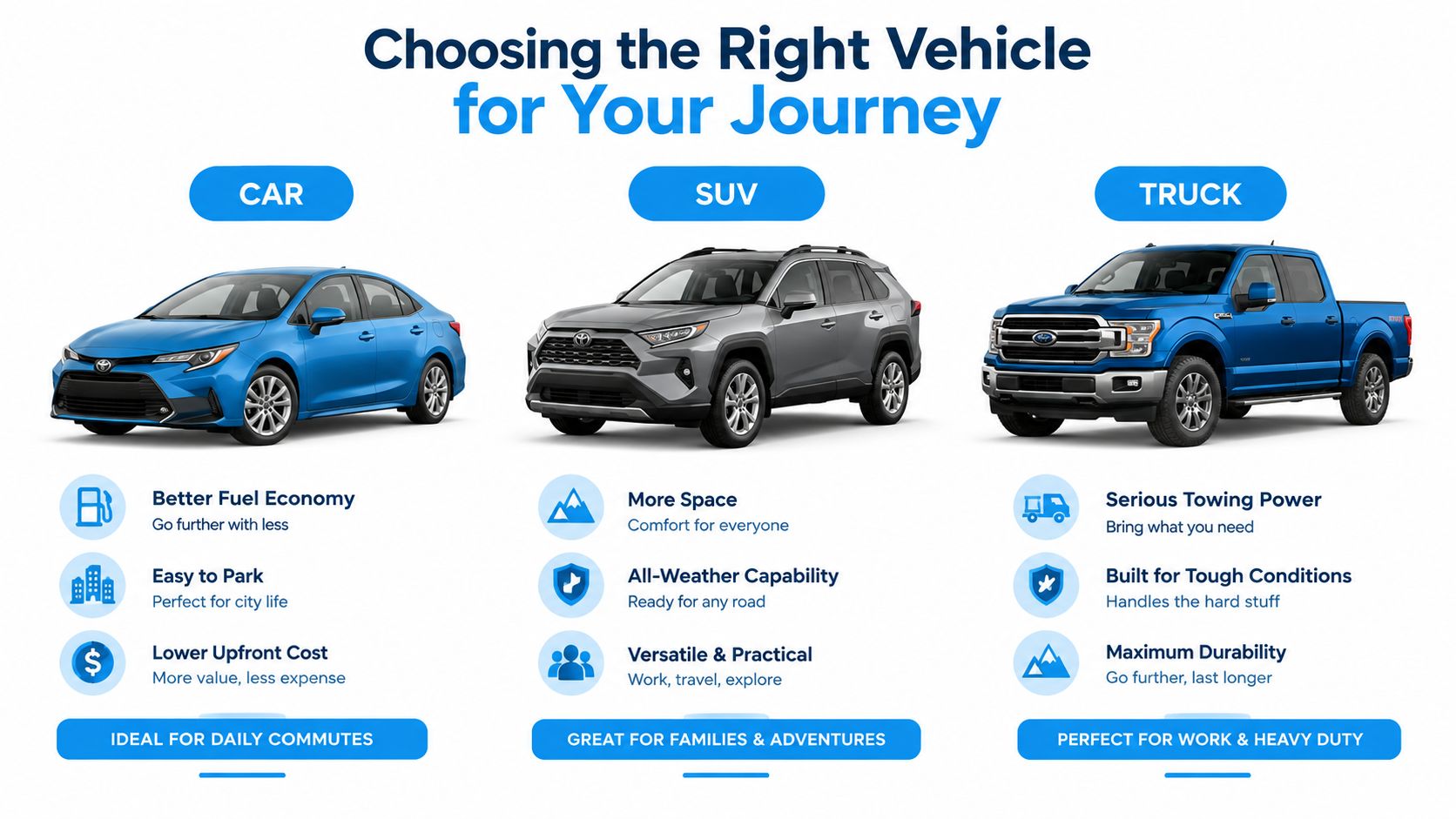 An infographic comparing cars, SUVs, and trucks to help choose the right vehicle for your specific travel needs.