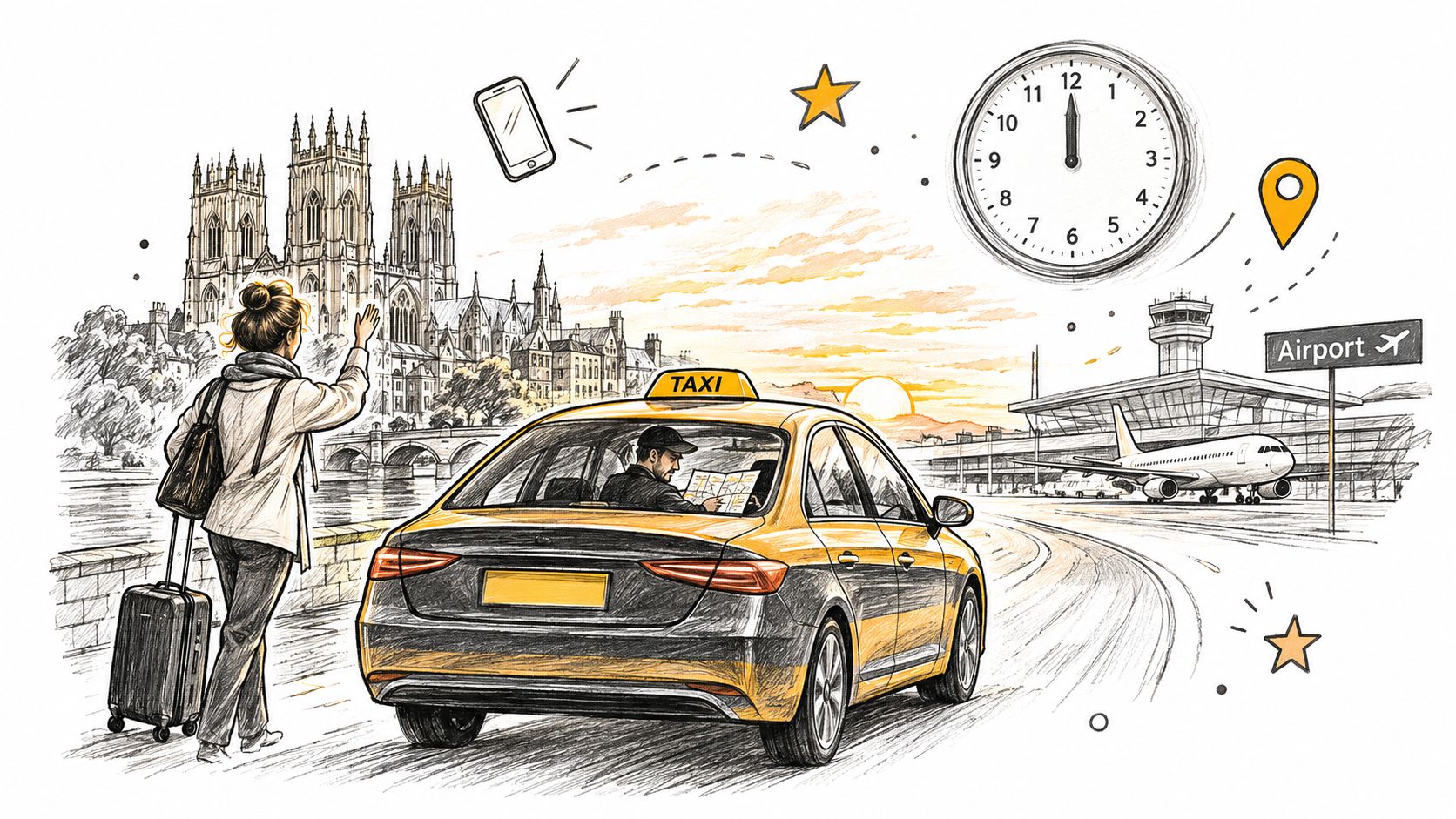A woman with a suitcase waving for a taxi in front of a historic cathedral at sunset.