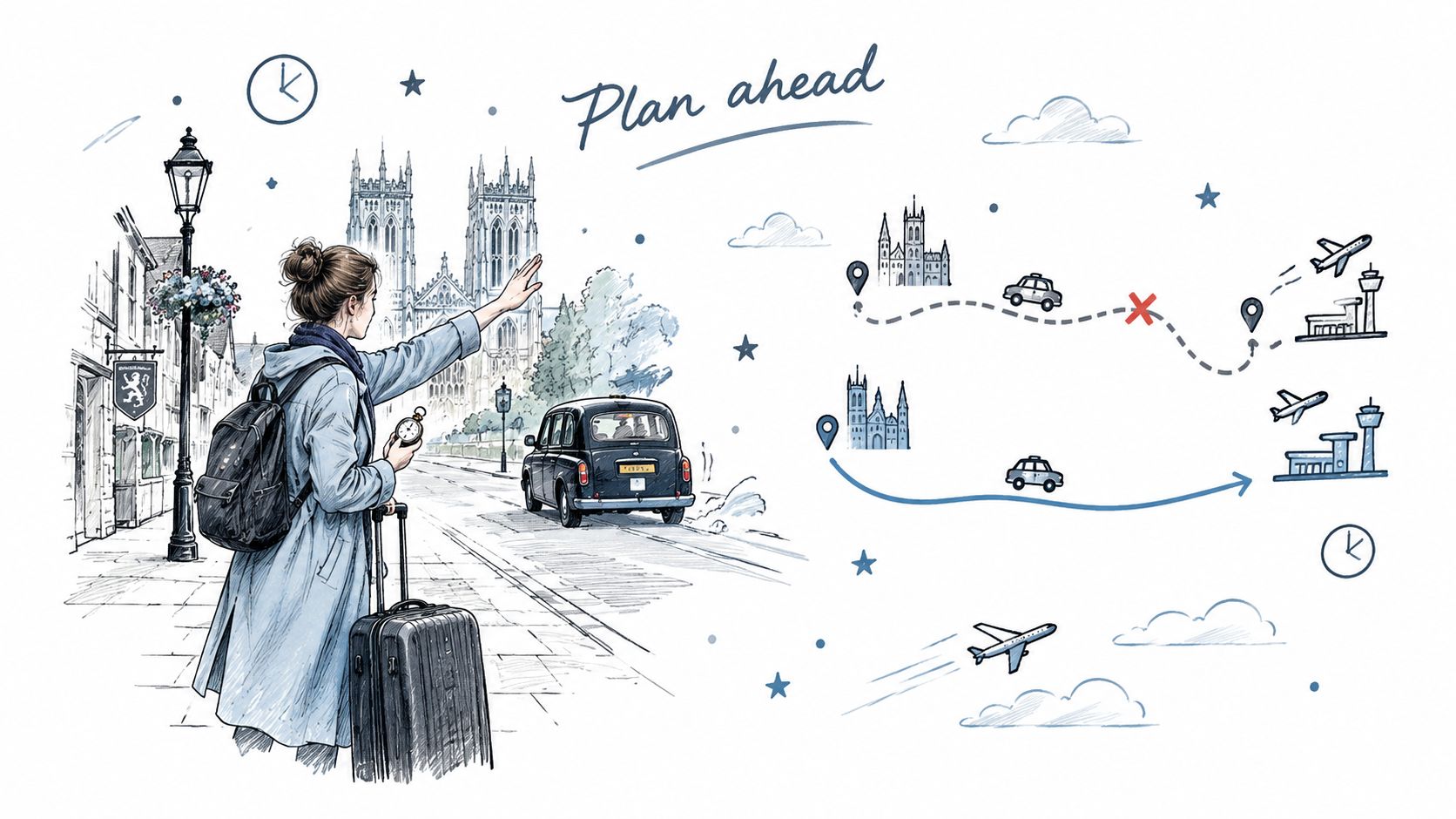 A traveler hailing a black taxi on a city street with a plan ahead travel route illustration.