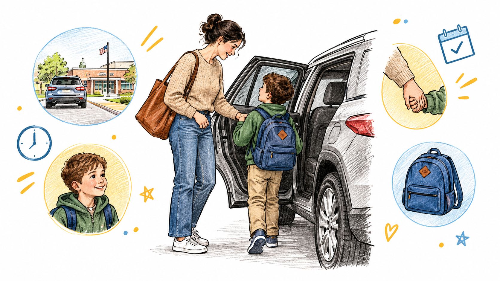 A mother helping her young son with a backpack get into the car for school drop-off.