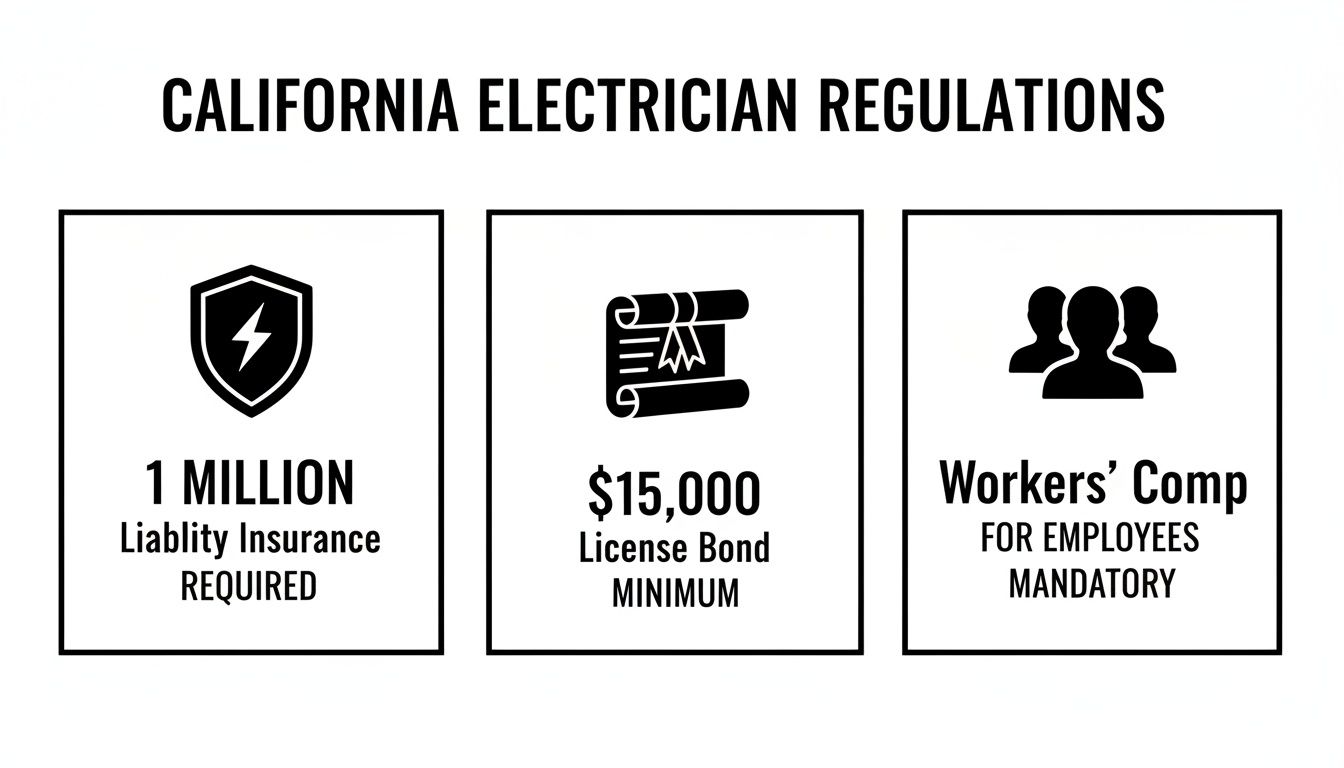 electrician's liability insurance electrician regulations Electrician's Liability Insurance: Guide to Coverage & Costs As an electrician, you understand that one crossed wire can have catastrophic consequences. Electrician's liability insurance serves the same critical function for your business—it is the essential protection that prevents a single on-the-job mistake from short-circuiting your entire livelihood. Consider it your business's financial shock absorber, prepared to manage the fallout from property damage or injuries caused by your work. Visual guide outlining California electrician regulations for liability insurance, license bond, and workers' comp.