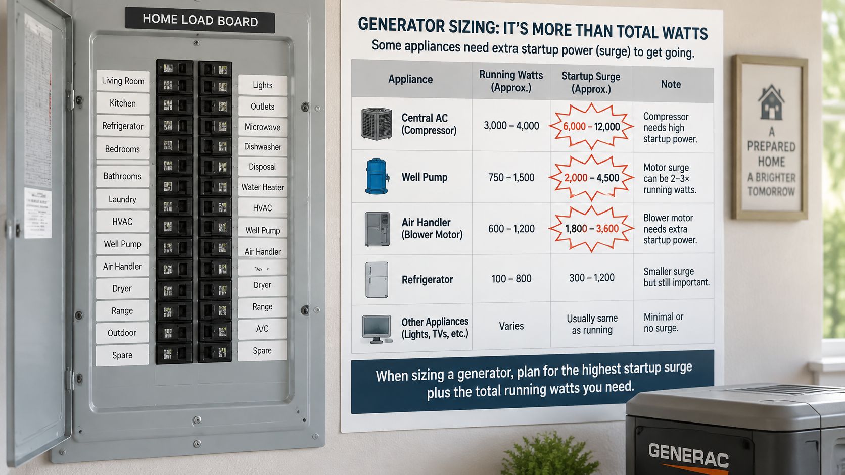 A home electrical load center beside a helpful chart explaining generator sizing and appliance startup surge requirements.