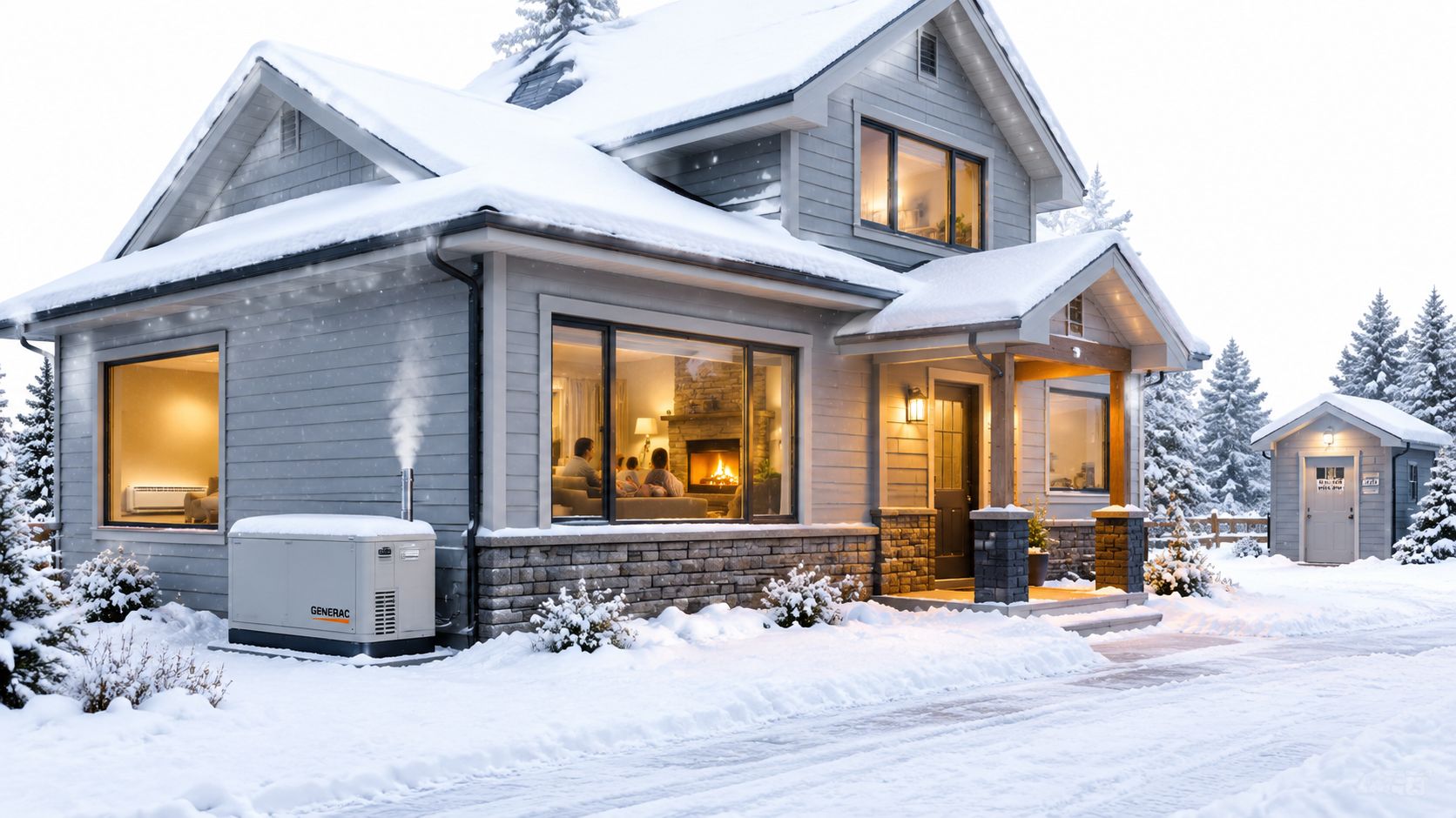 A Generac home standby generator providing power to a snowy house while a family relaxes inside.