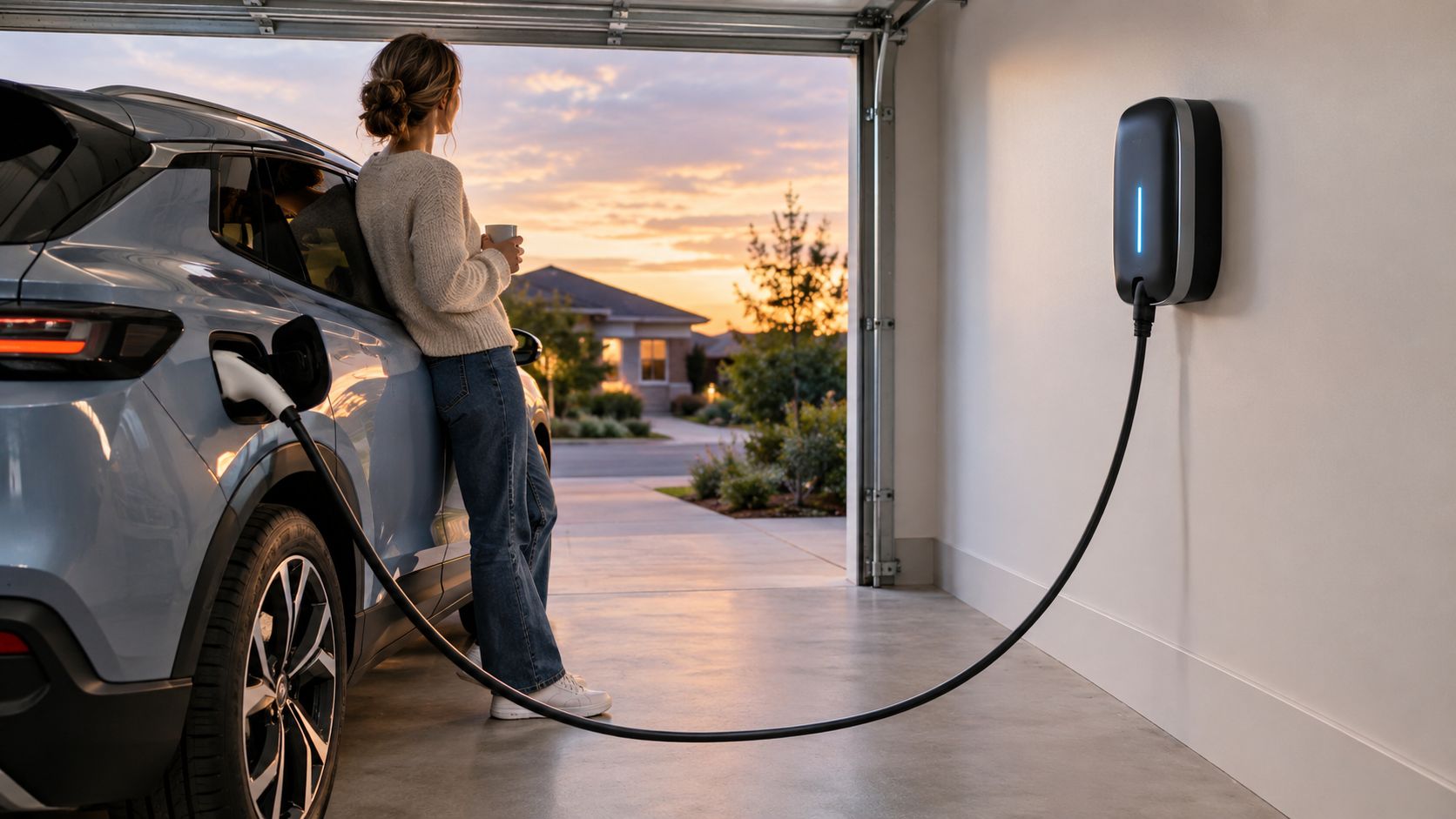A woman with a coffee cup leans against an electric vehicle being charged by a home wall charger.