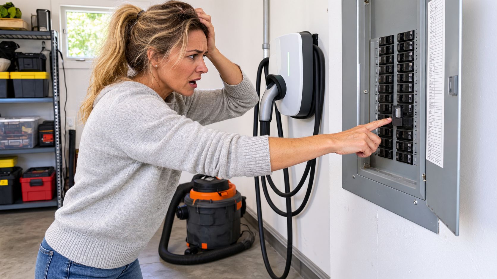 A concerned woman pointing at an electric circuit breaker panel in a garage while holding her head.
