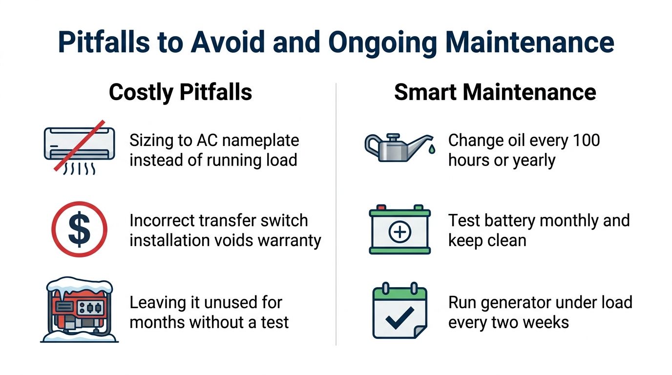 An infographic comparing costly pitfalls to avoid and smart maintenance tips for whole house generators.