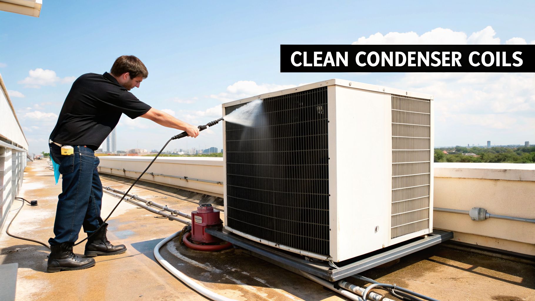 A technician power washing and cleaning the condenser coils of a commercial HVAC unit on a rooftop.