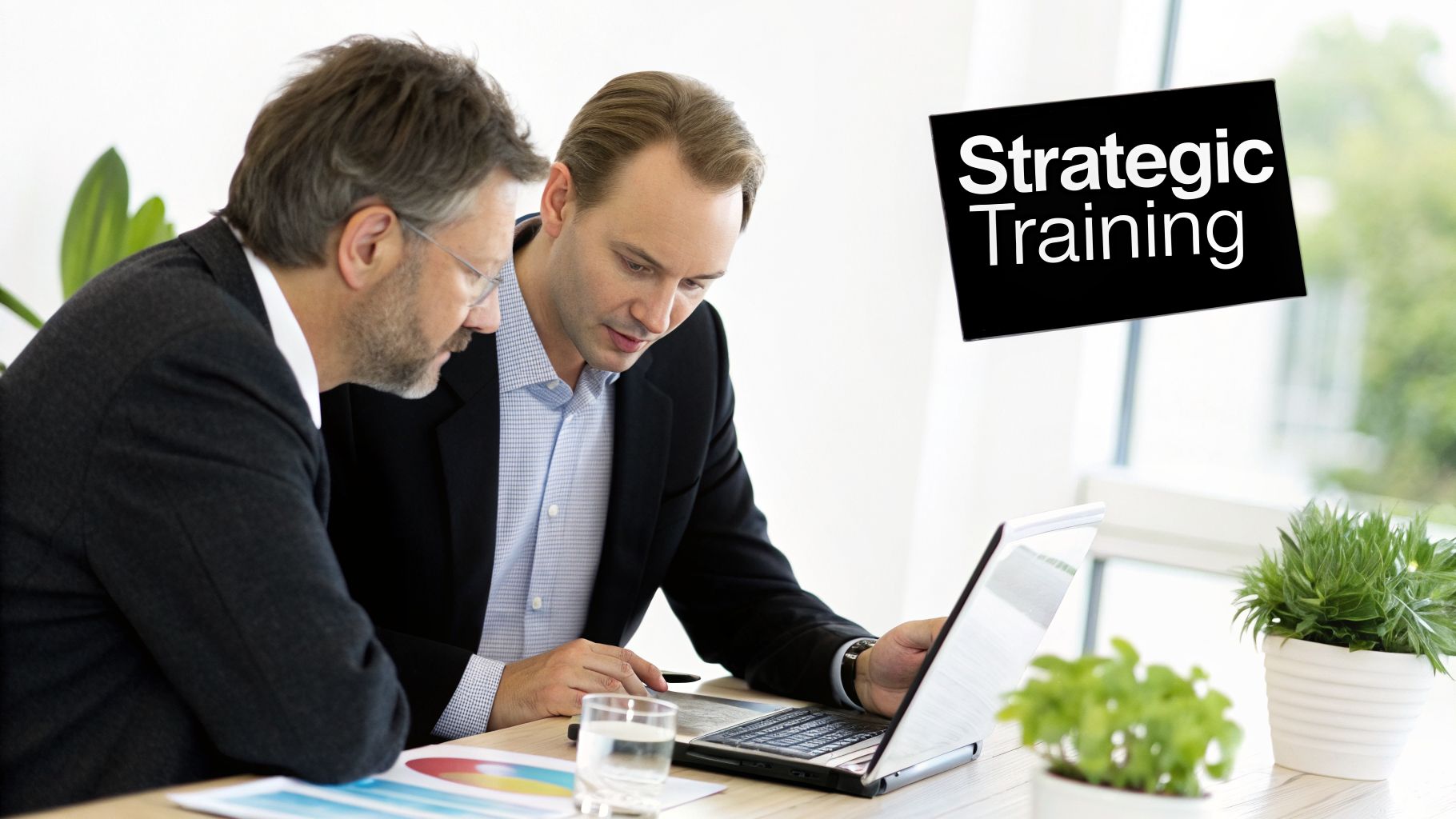 Two professional men intently discussing content on a laptop in a bright office, with 'Strategic Training' text.