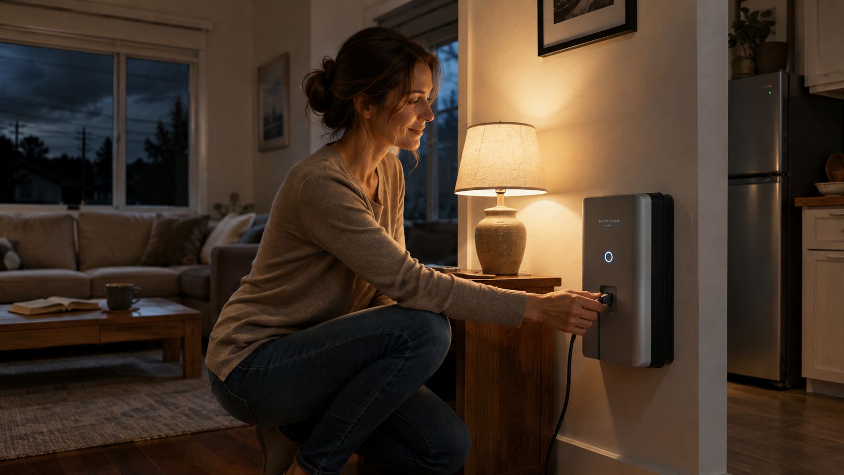 A woman plugs a cable into a wall-mounted home battery backup system during a nighttime power outage.