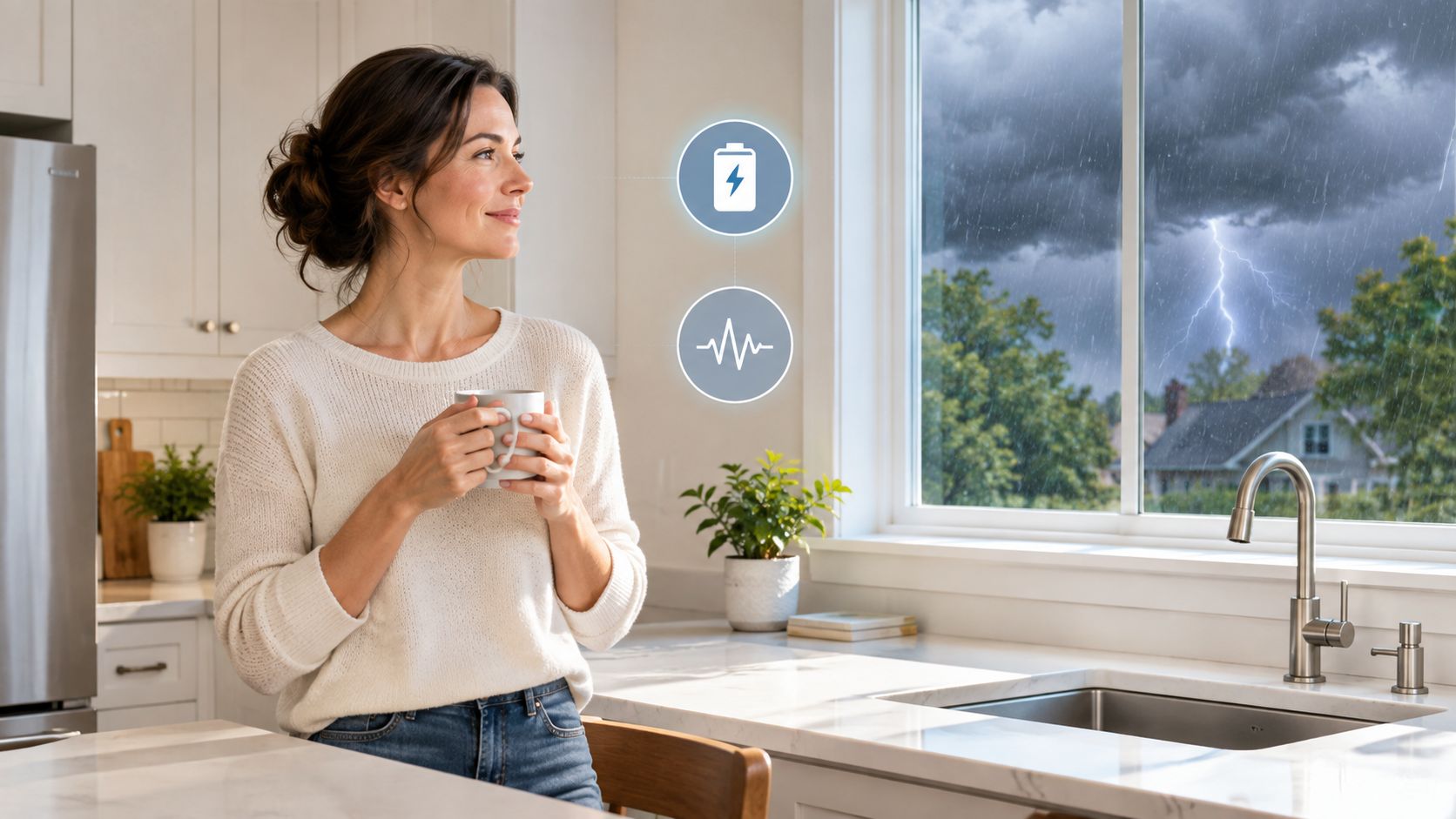 A woman holding a mug in her kitchen while looking at a stormy sky outside the window.
